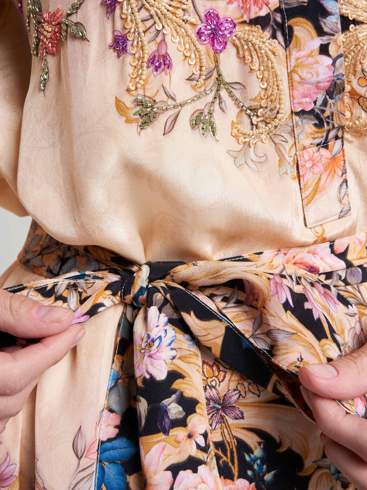 Light Peach Colour Floral Printed Viscose Hand Work Long Dress (VDK411) - Image 6