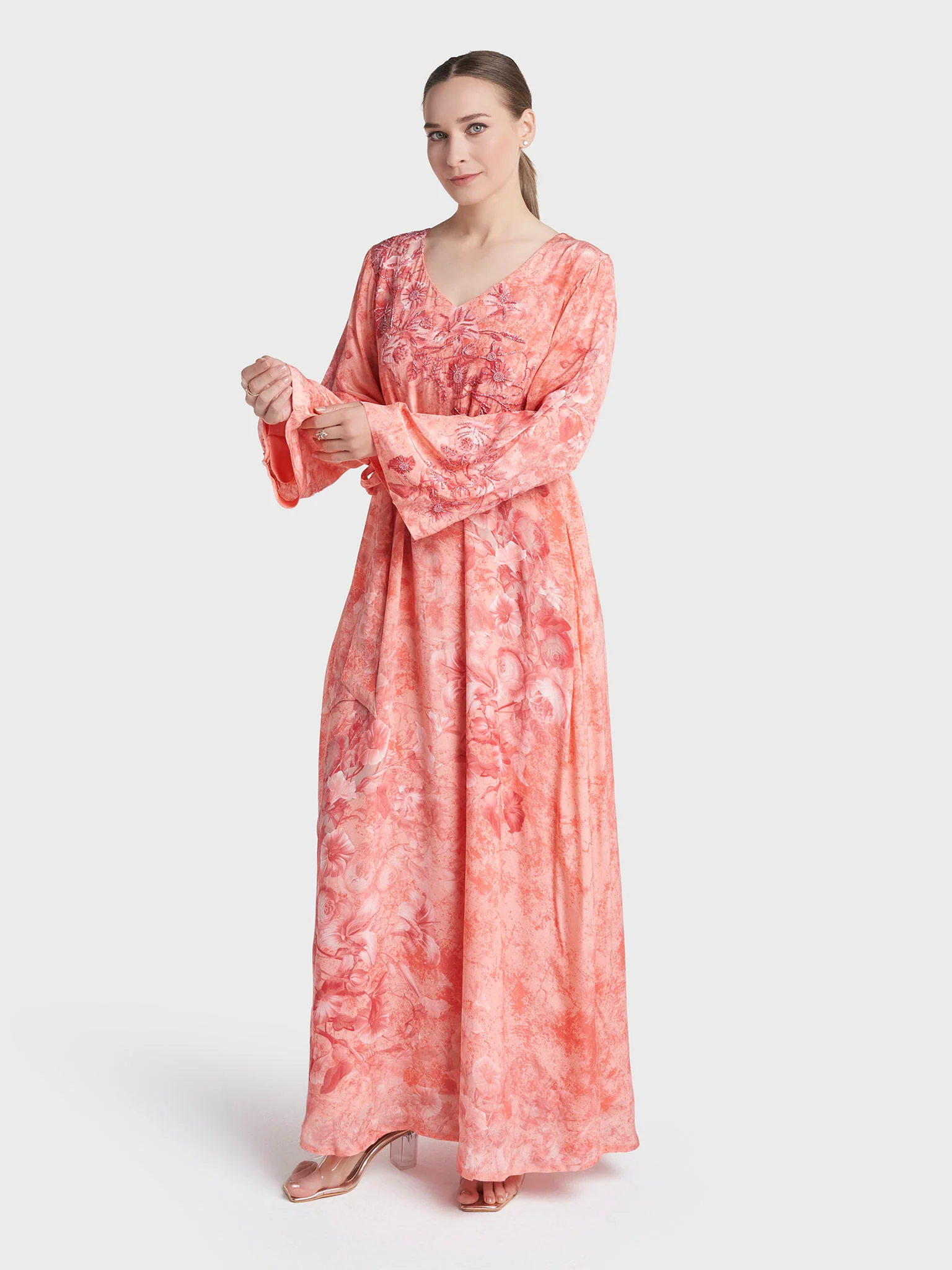Coral Colour Hand Work Viscose Crepe Floral Printed Dress (VDM949) - Image 3
