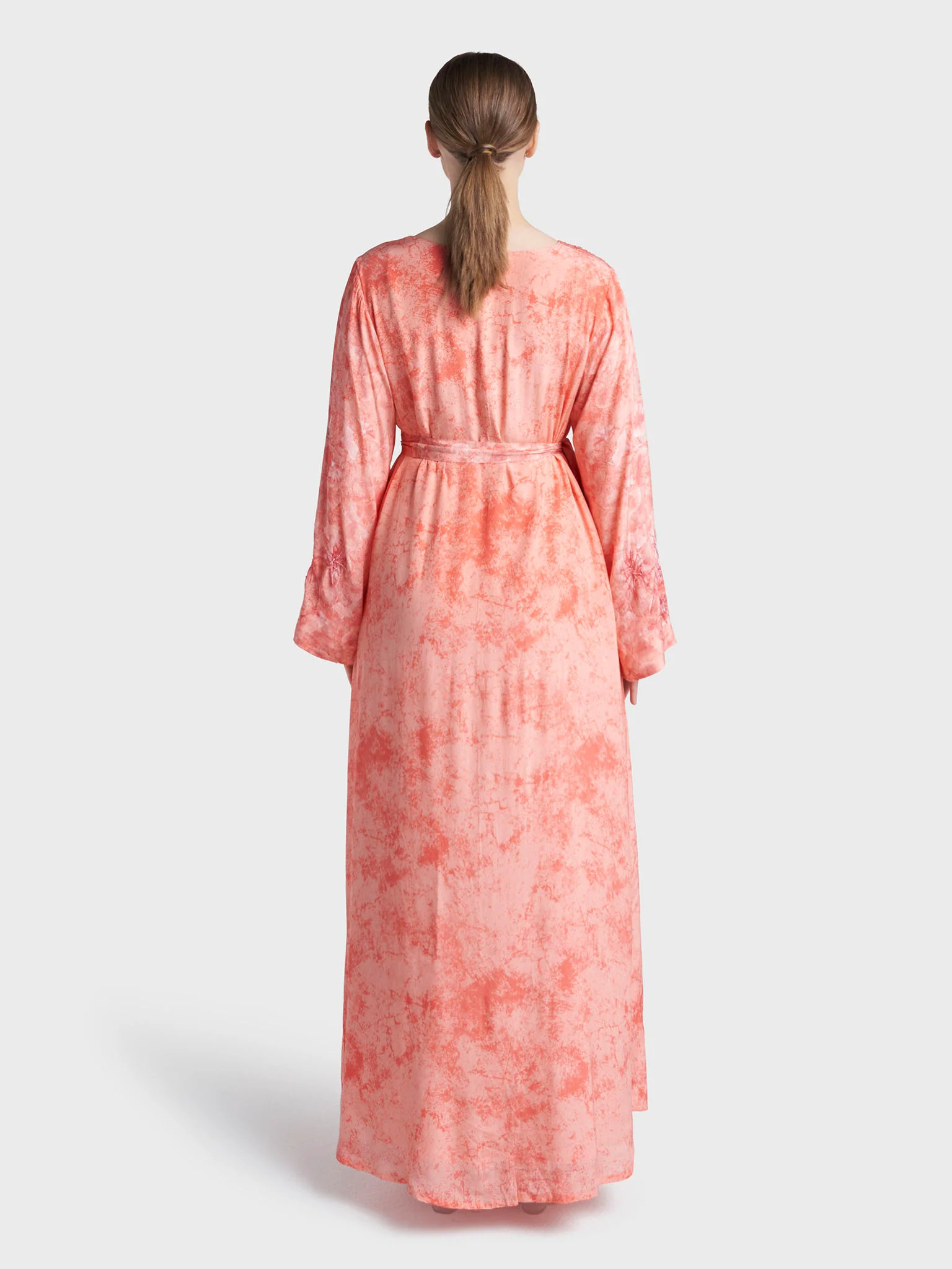 Coral Colour Hand Work Viscose Crepe Floral Printed Dress (VDM949) - Image 4