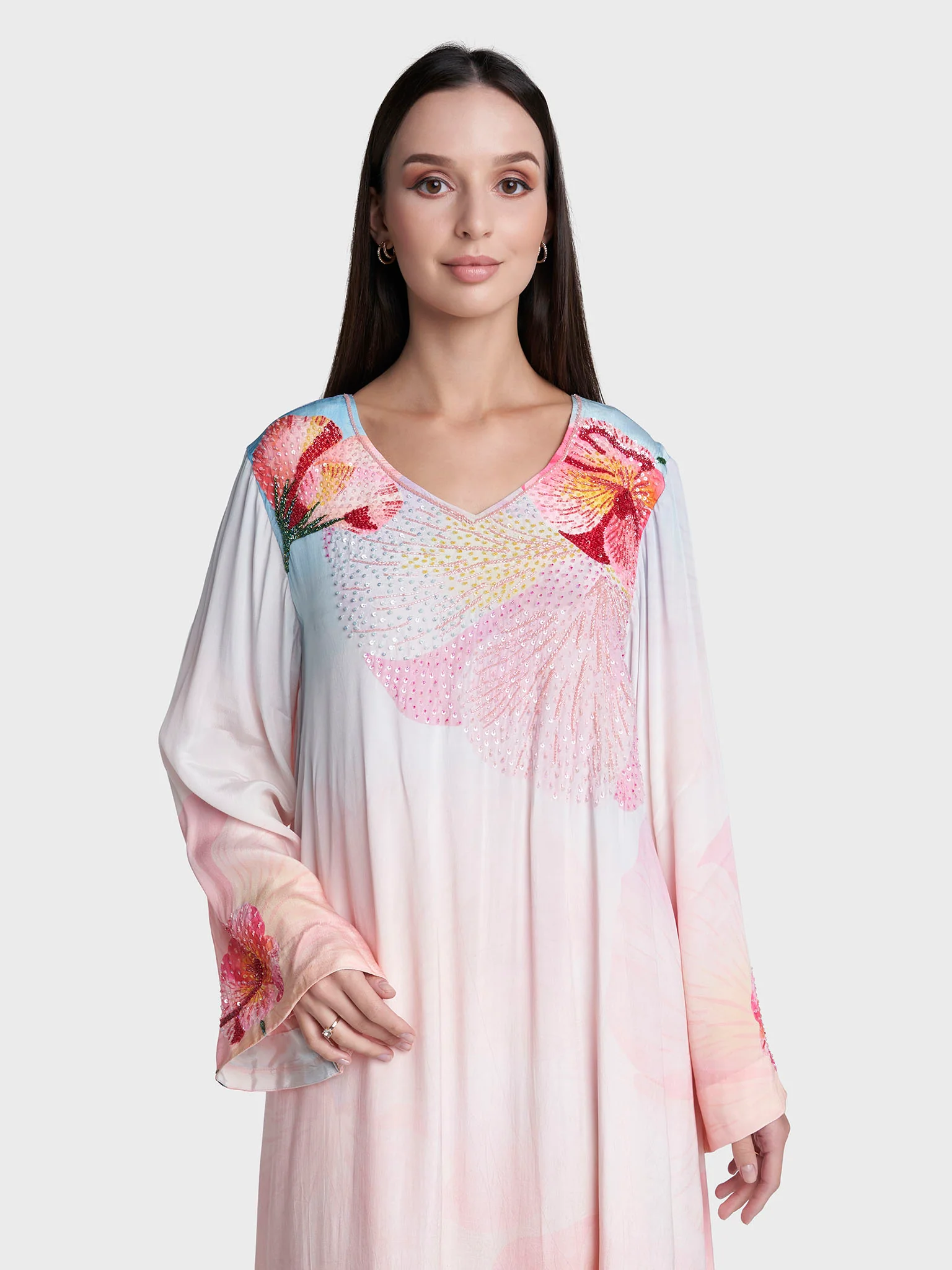 Light Peach Colour Floral Print Viscose Crepe Hand Work Dress (VDM951)
