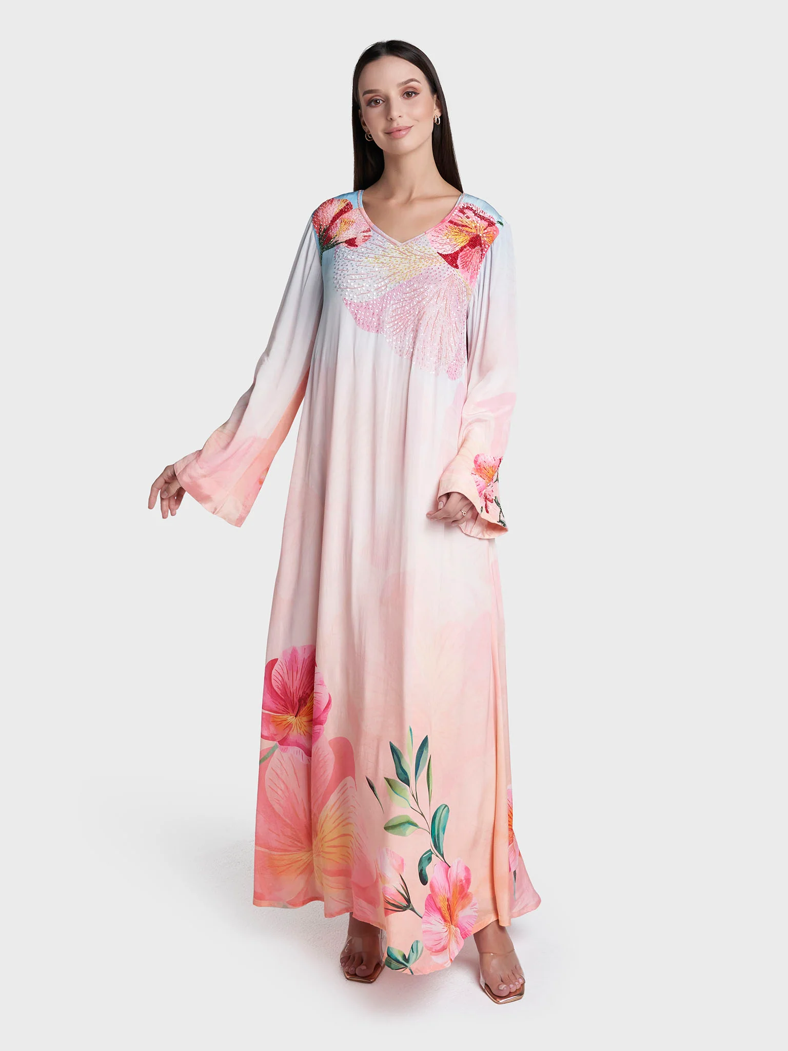 Light Peach Colour Floral Print Viscose Crepe Hand Work Dress (VDM951) - Image 2