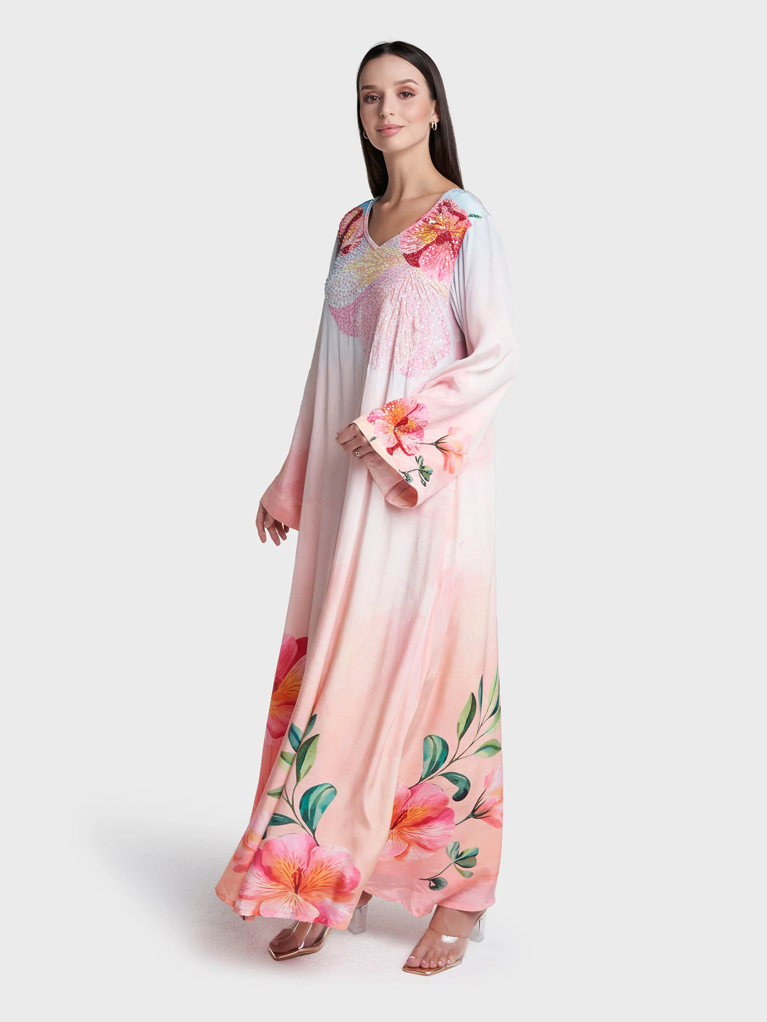 Light Peach Colour Floral Print Viscose Crepe Hand Work Dress (VDM951) - Image 3