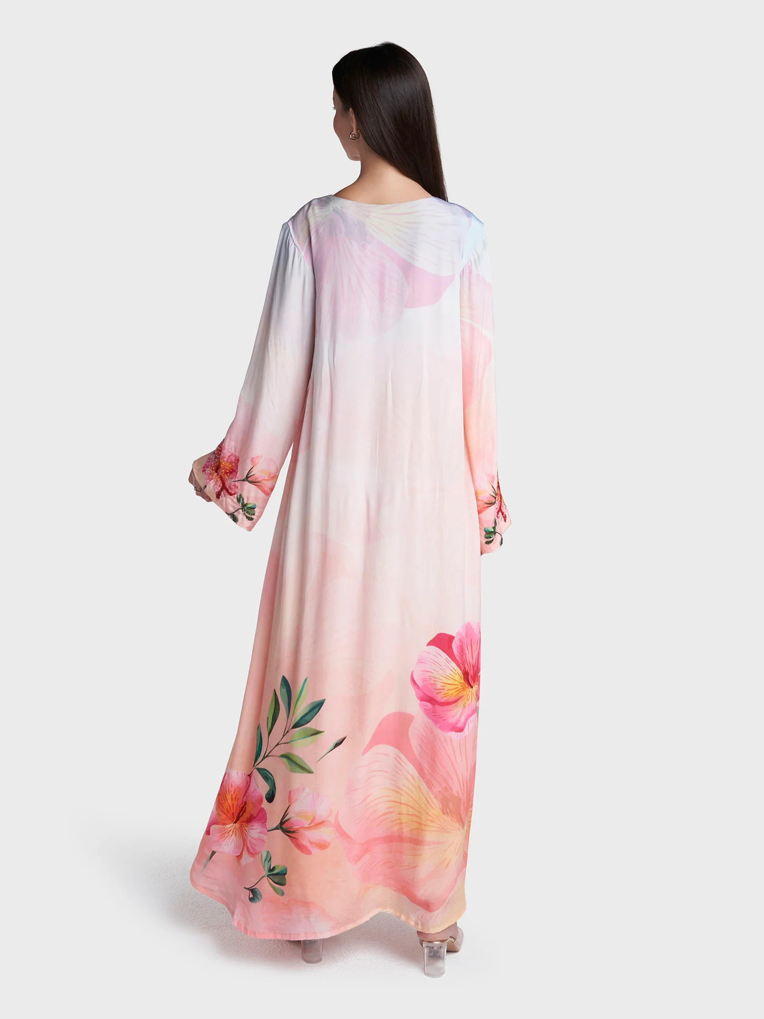 Light Peach Colour Floral Print Viscose Crepe Hand Work Dress (VDM951) - Image 4