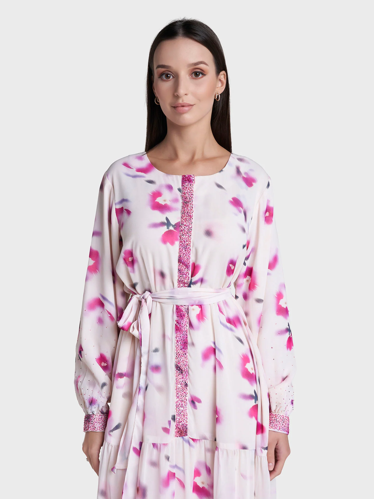 Cream Colour Floral Print Faux Georgette Hand Work Dress (VDP537)