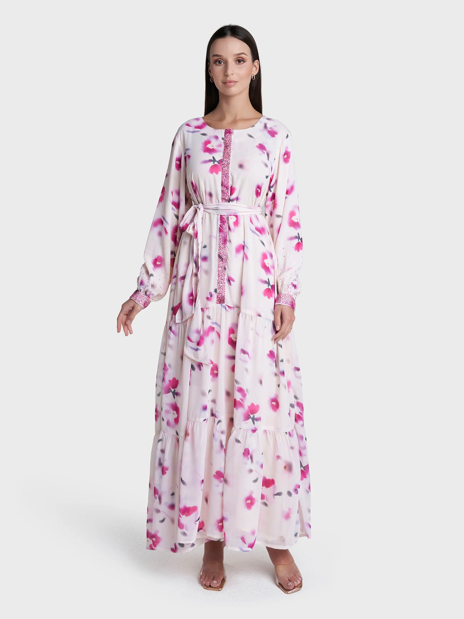 Cream Colour Floral Print Faux Georgette Hand Work Dress (VDP537) - Image 2