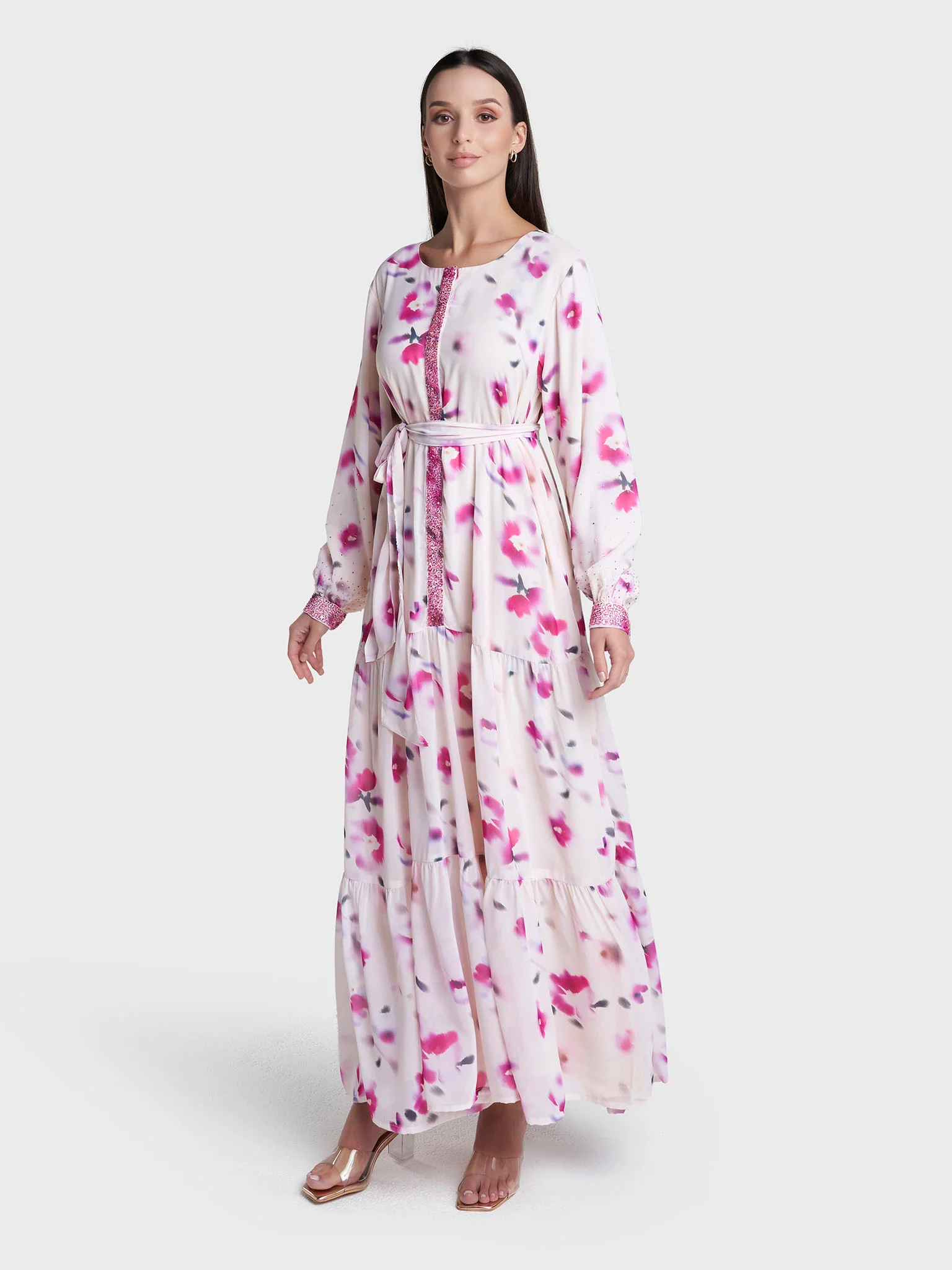 Cream Colour Floral Print Faux Georgette Hand Work Dress (VDP537) - Image 3