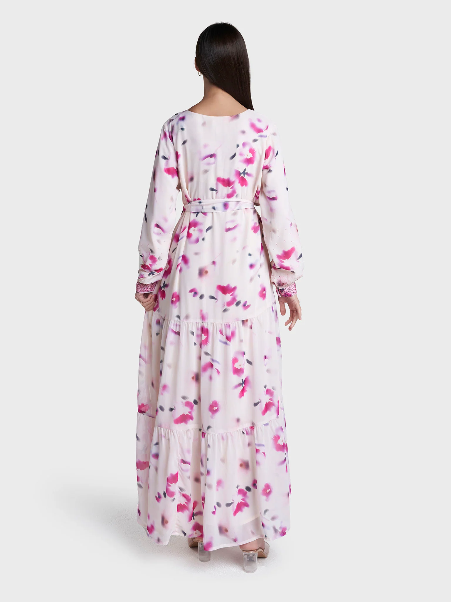 Cream Colour Floral Print Faux Georgette Hand Work Dress (VDP537) - Image 4