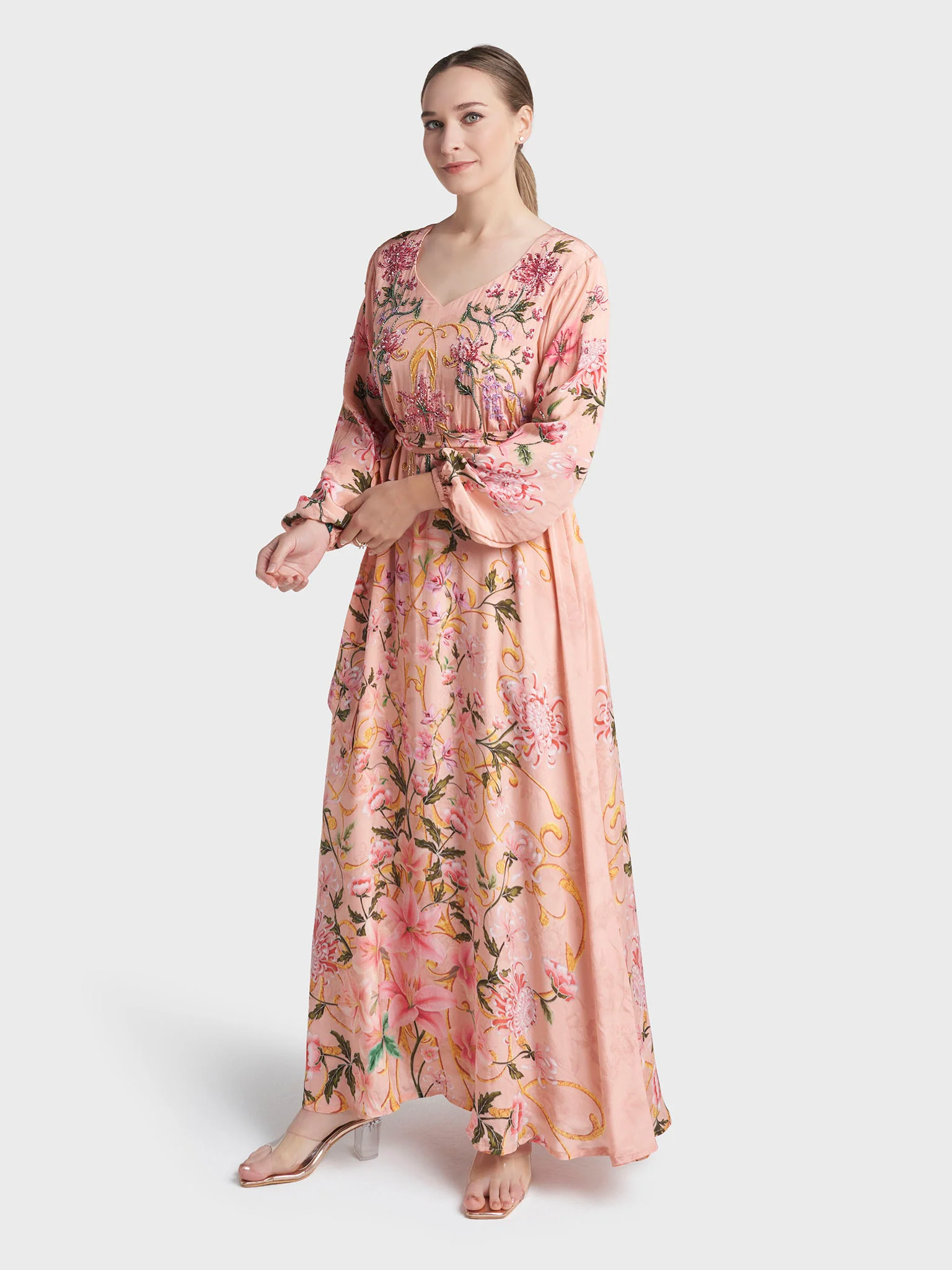 Peach Colour Hand Work Viscose Crepe Botanical Printed Dress (VDV36) - Image 3