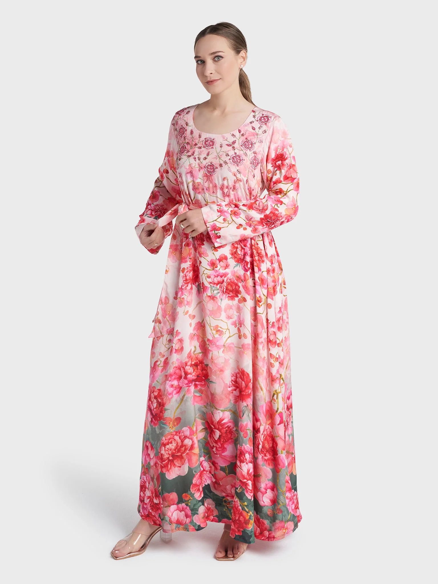 Pink Colour Hand Work Viscose Crepe Floral Printed Dress (VDV37) - Image 3
