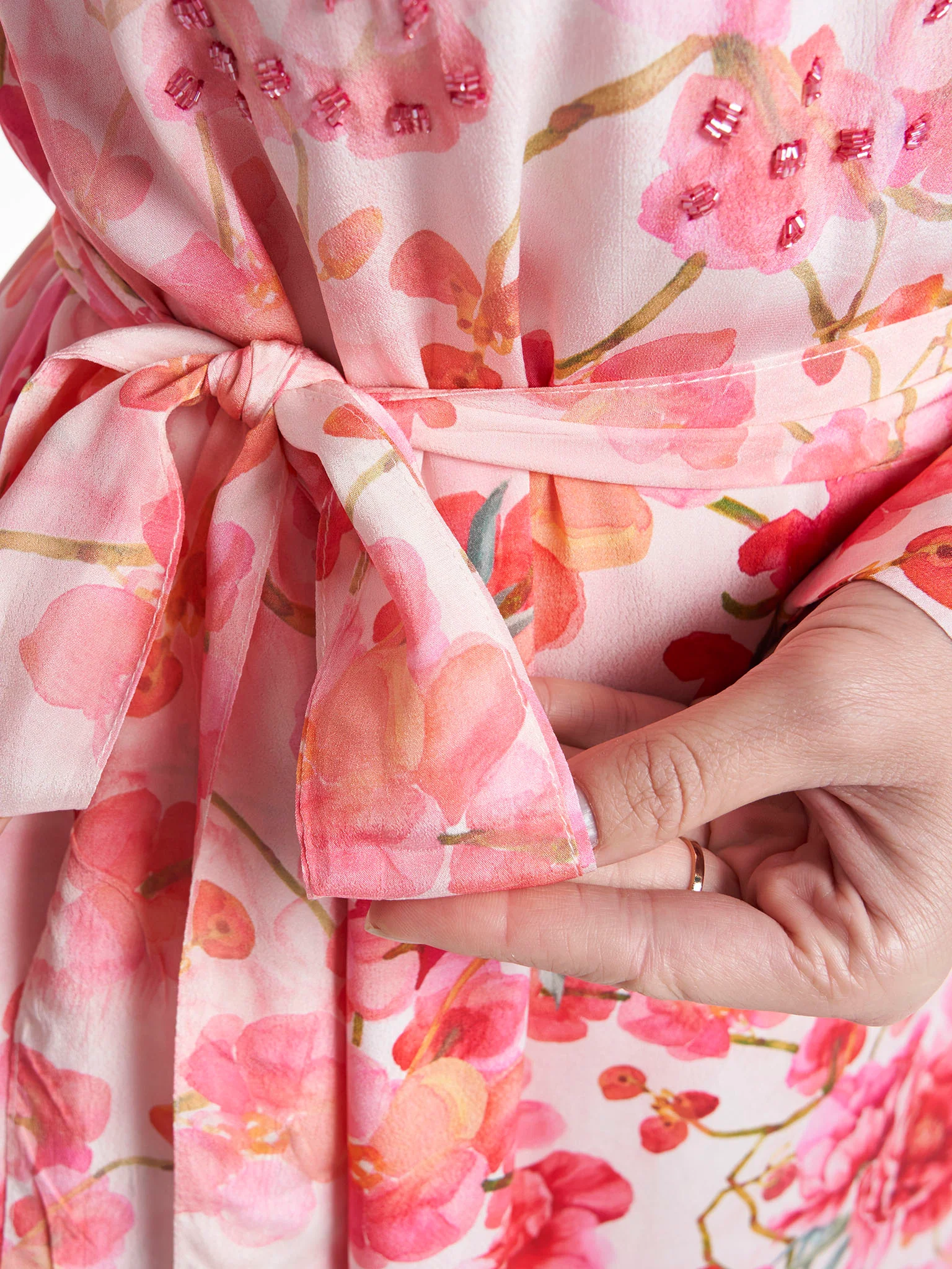 Pink Colour Hand Work Viscose Crepe Floral Printed Dress (VDV37) - Image 6