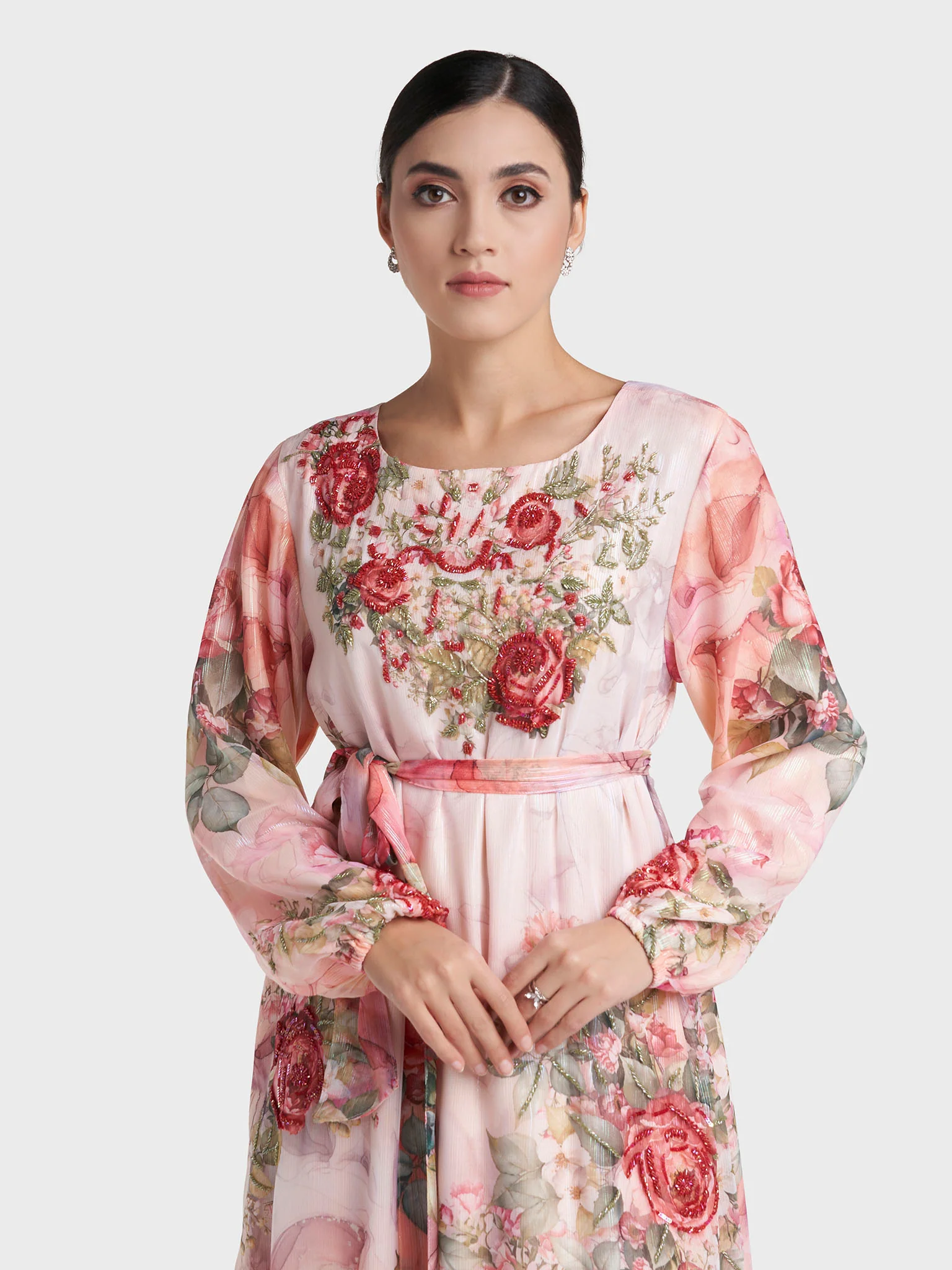 Peach Colour Floral Print Hand Work Long Dress (VDV40)