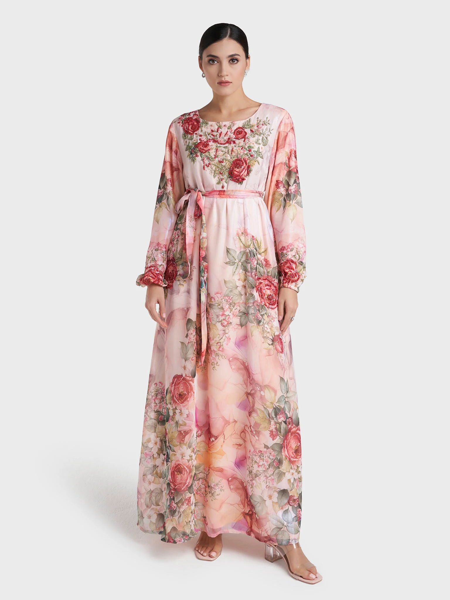 Peach Colour Floral Print Hand Work Long Dress (VDV40) - Image 2