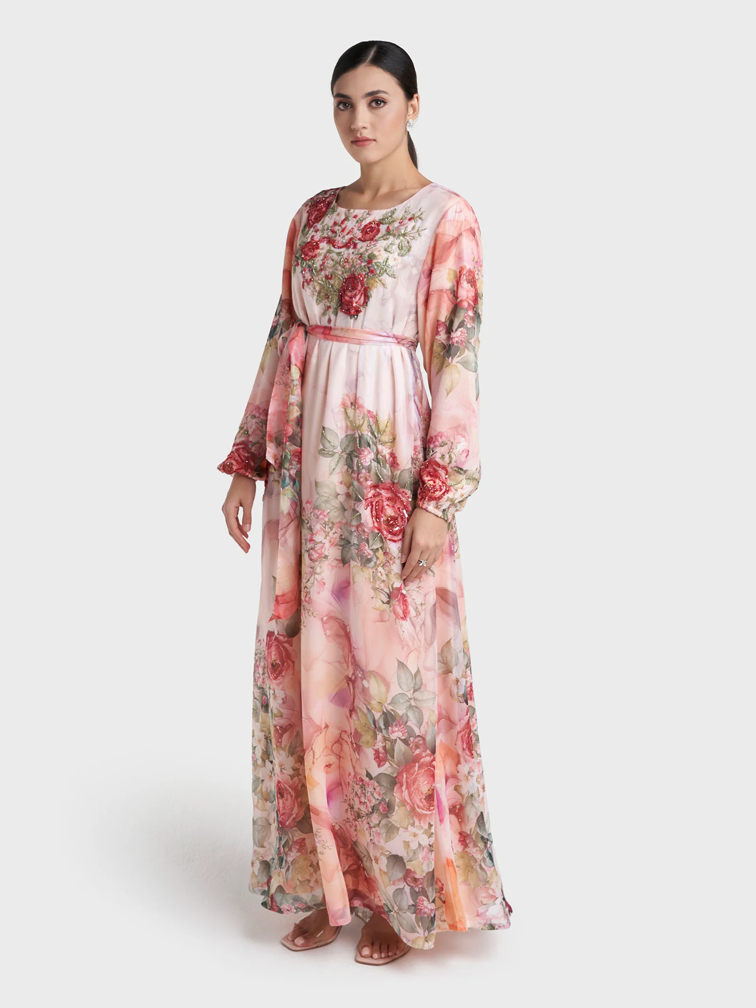 Peach Colour Floral Print Hand Work Long Dress (VDV40) - Image 3