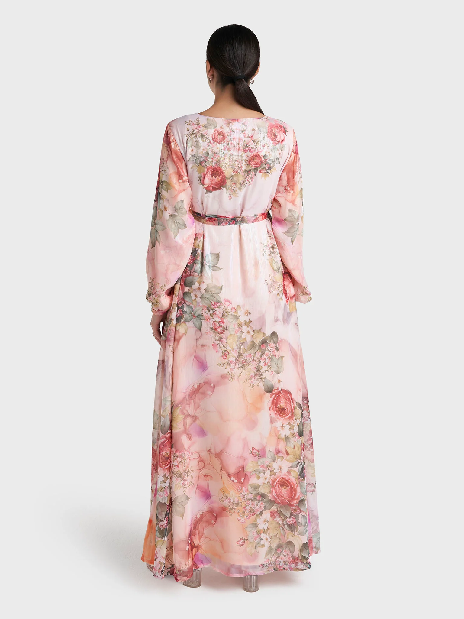 Peach Colour Floral Print Hand Work Long Dress (VDV40) - Image 4