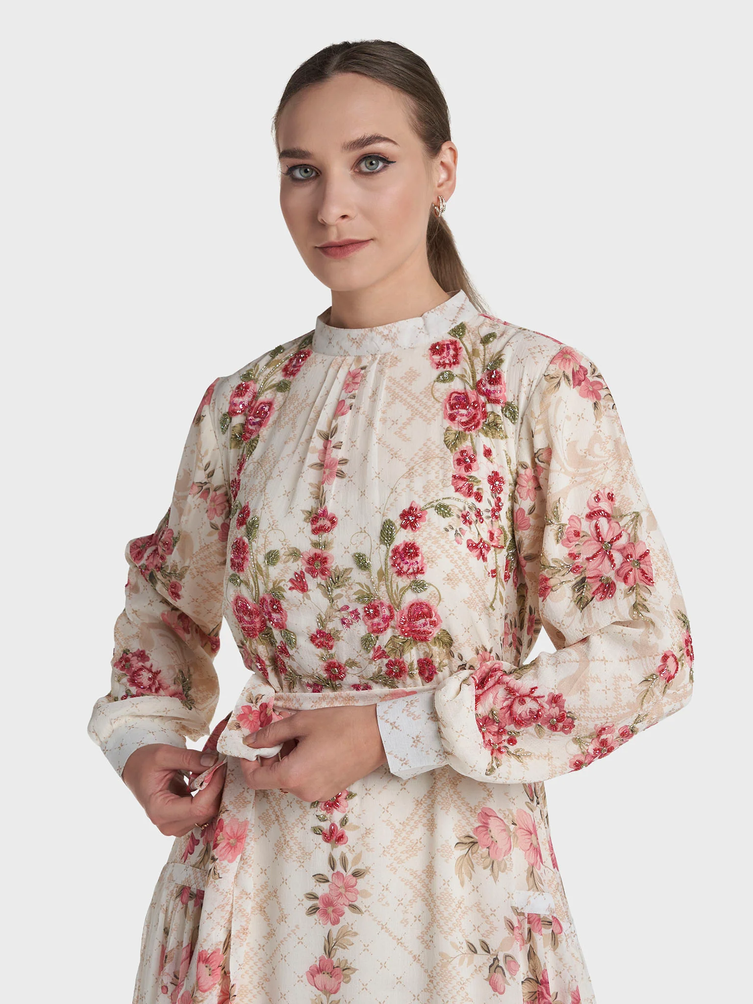 Cream Colour Hand Work Chiffon Floral Printed Dress (VDV41)