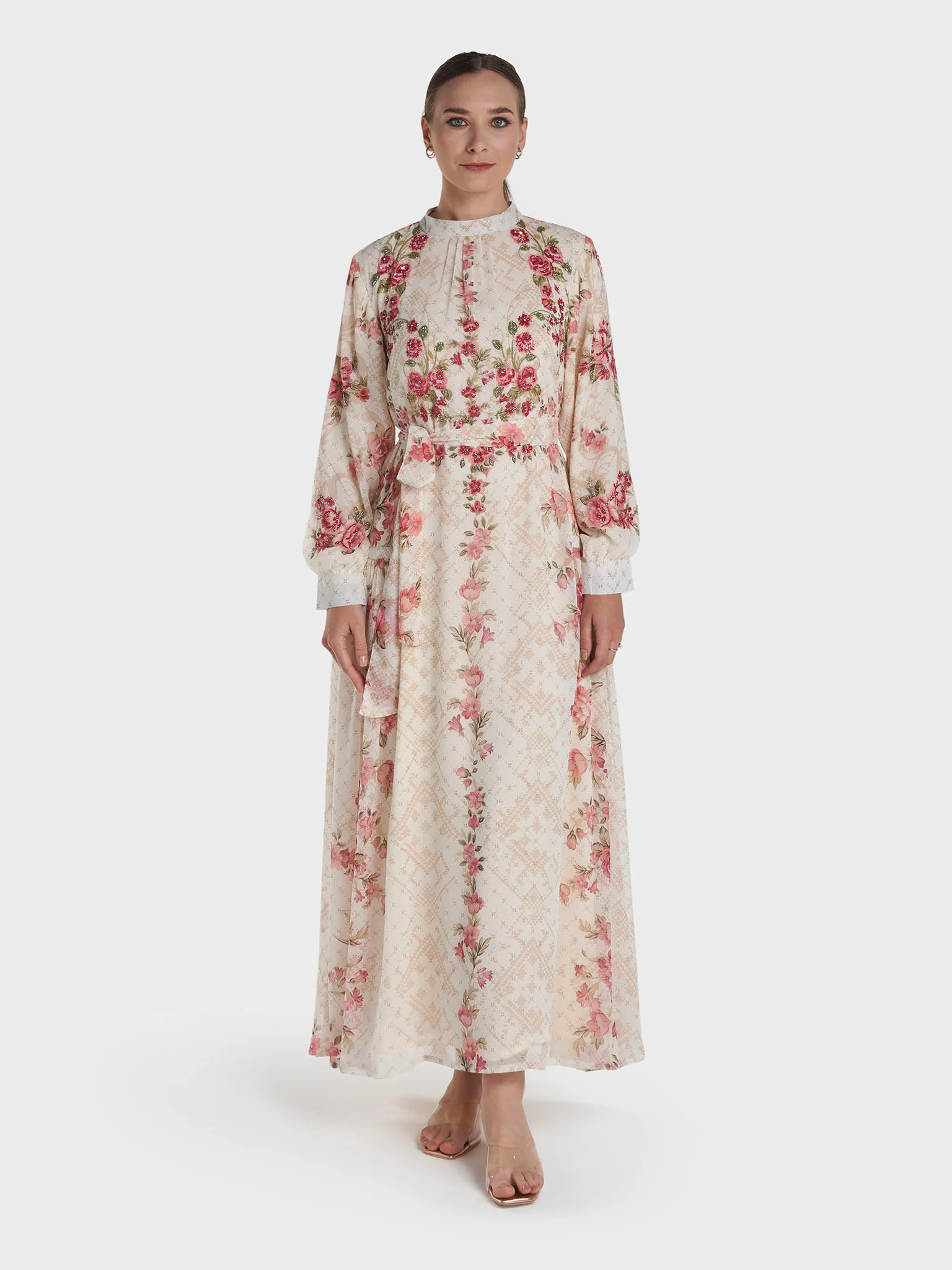 Cream Colour Hand Work Chiffon Floral Printed Dress (VDV41) - Image 2
