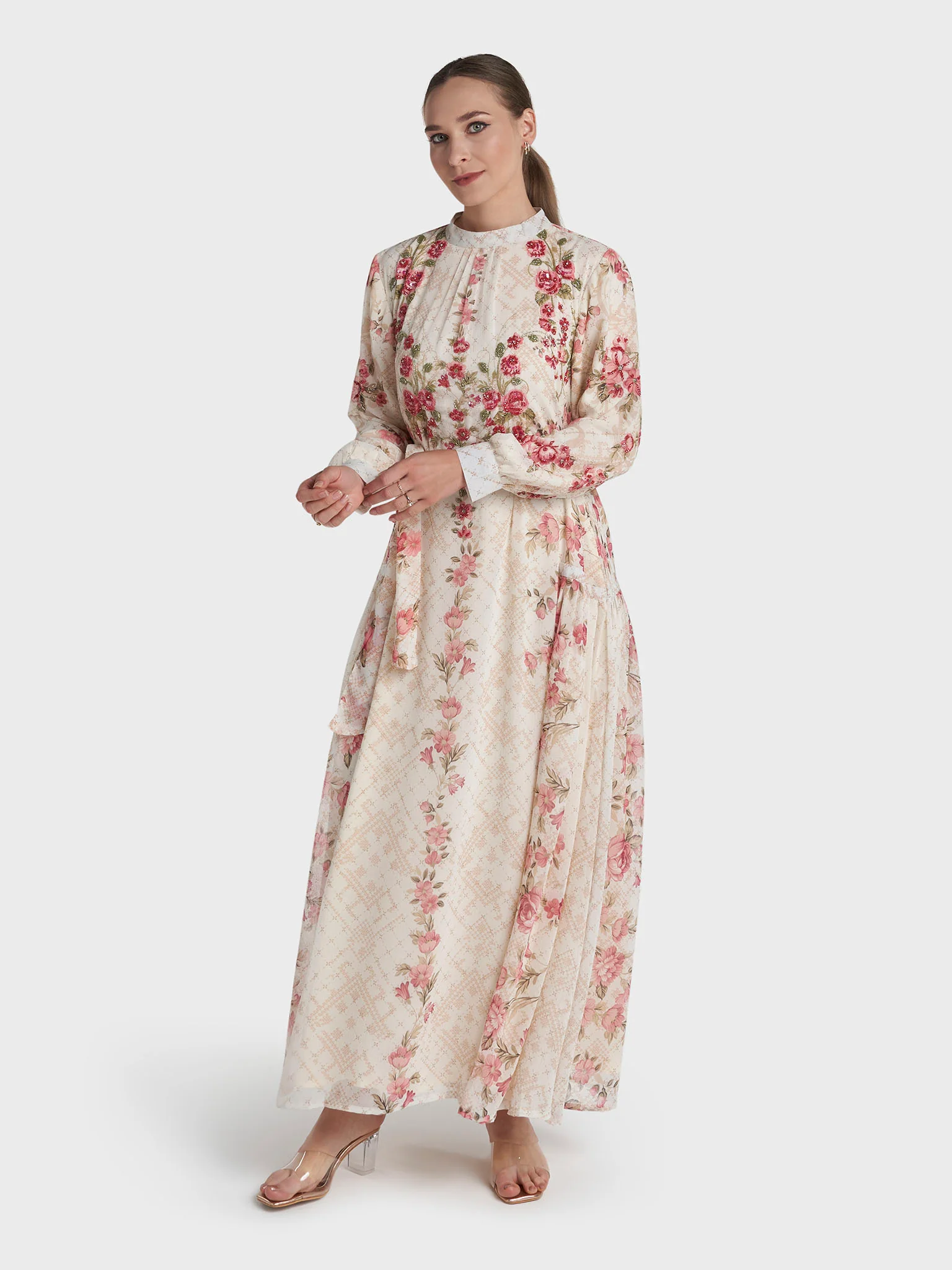Cream Colour Hand Work Chiffon Floral Printed Dress (VDV41) - Image 3