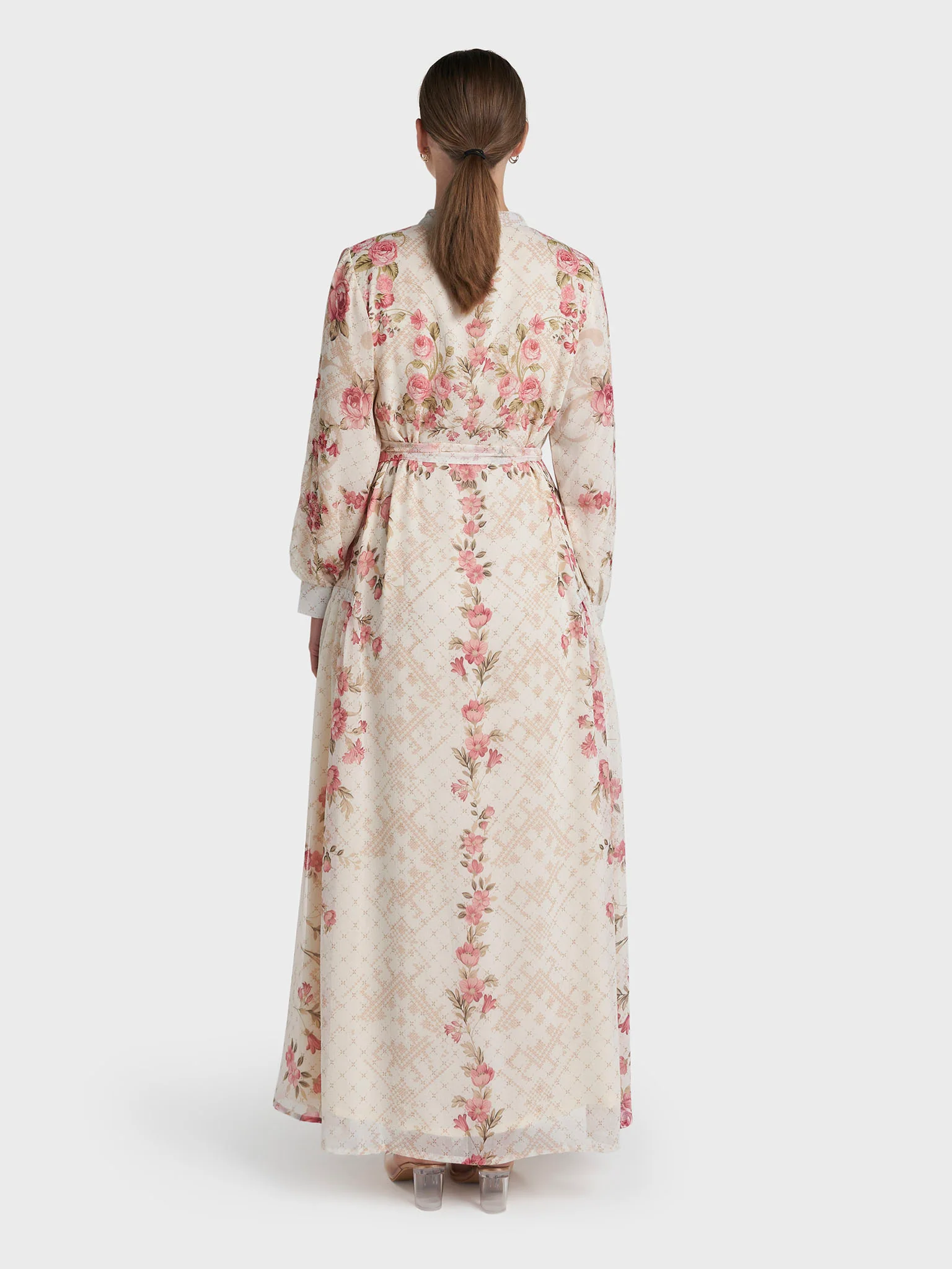Cream Colour Hand Work Chiffon Floral Printed Dress (VDV41) - Image 4