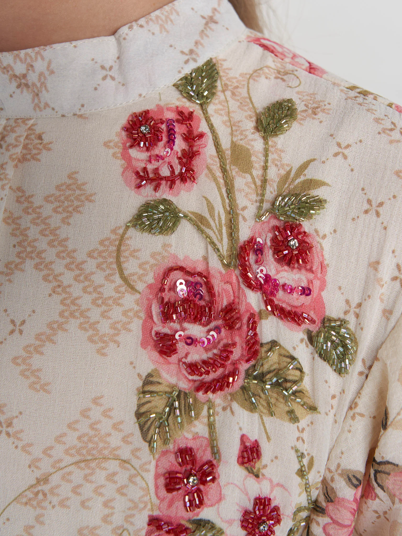 Cream Colour Hand Work Chiffon Floral Printed Dress (VDV41) - Image 5