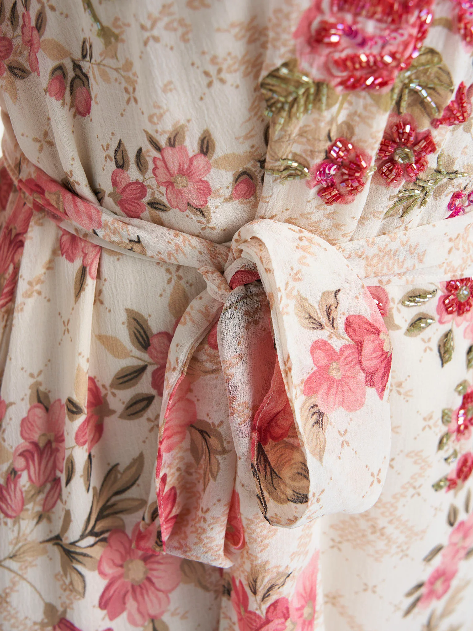Cream Colour Hand Work Chiffon Floral Printed Dress (VDV41) - Image 6