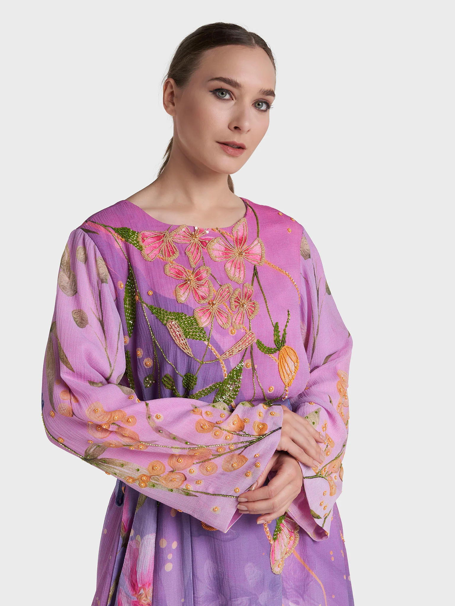 Multi Colour Hand Work Marble Chiffon Floral Printed Dress (VDV51)