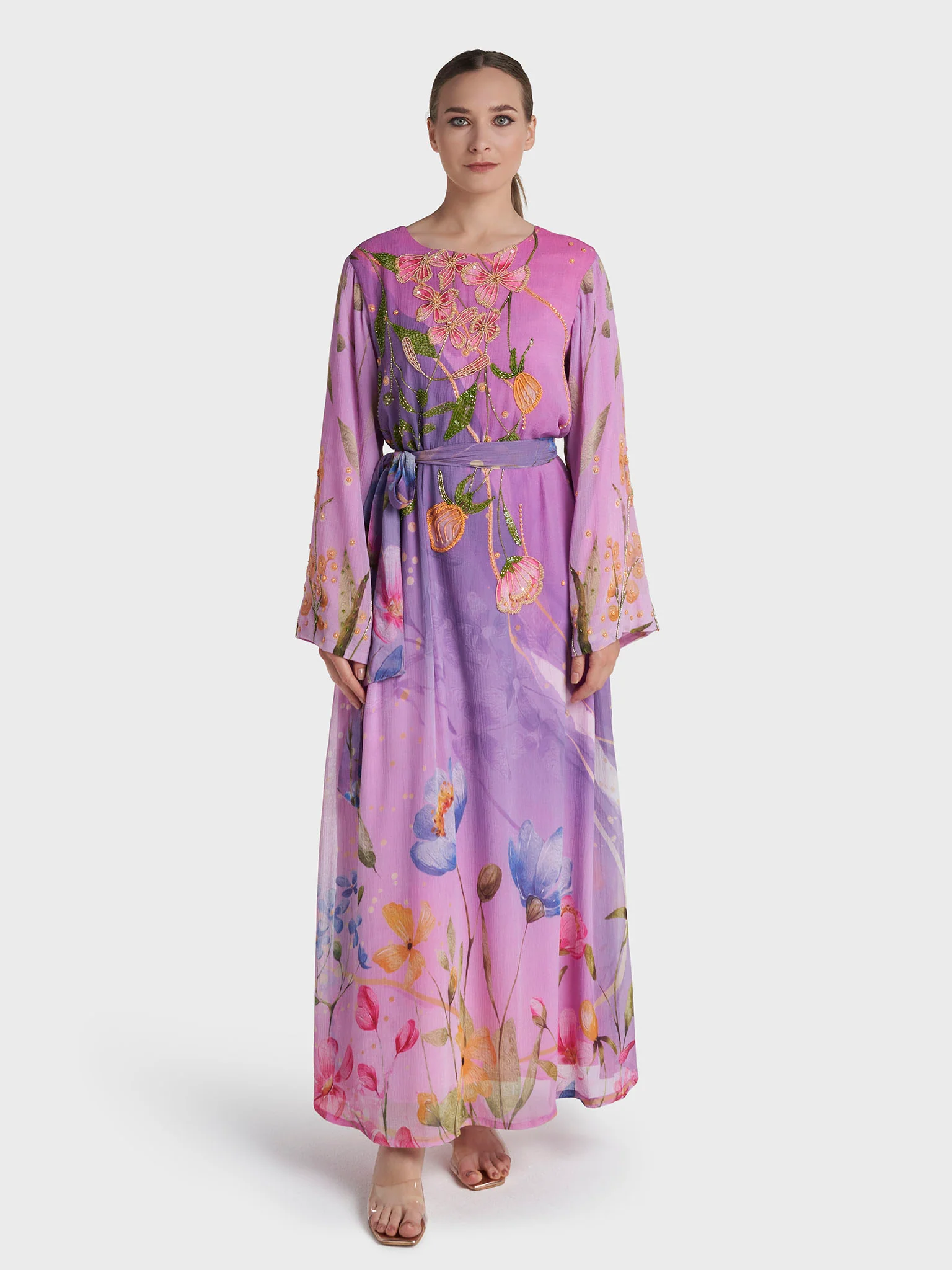 Multi Colour Hand Work Marble Chiffon Floral Printed Dress (VDV51) - Image 2