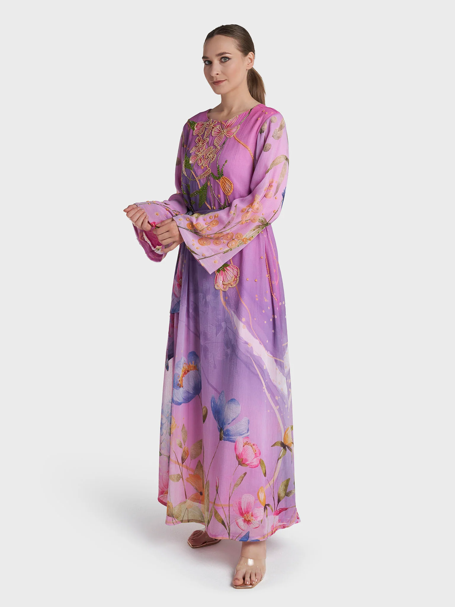 Multi Colour Hand Work Marble Chiffon Floral Printed Dress (VDV51) - Image 3