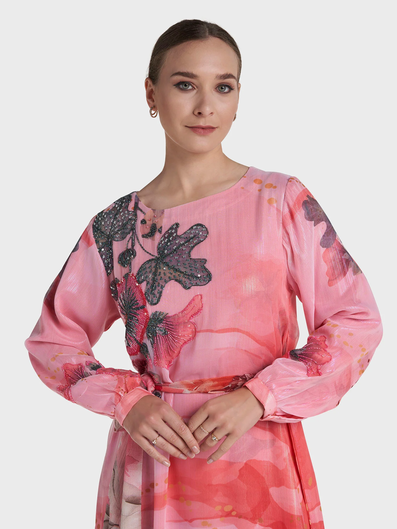 Coral Colour Hand Work Floral Printed Dress (VDV52)