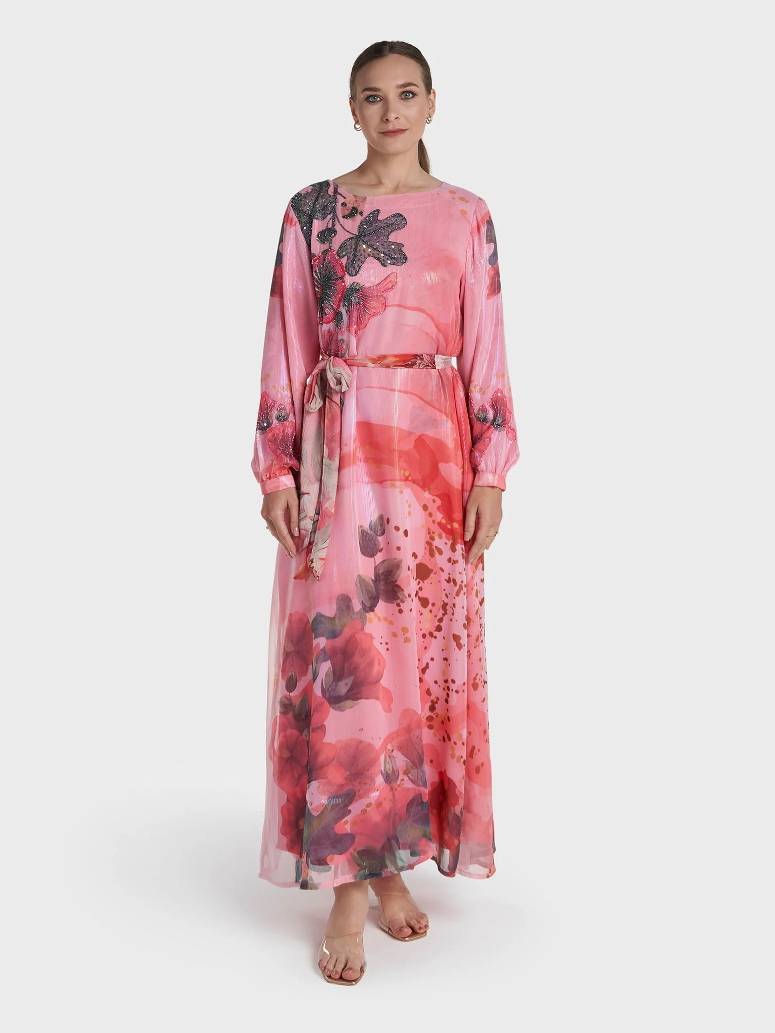 Coral Colour Hand Work Floral Printed Dress (VDV52) - Image 2