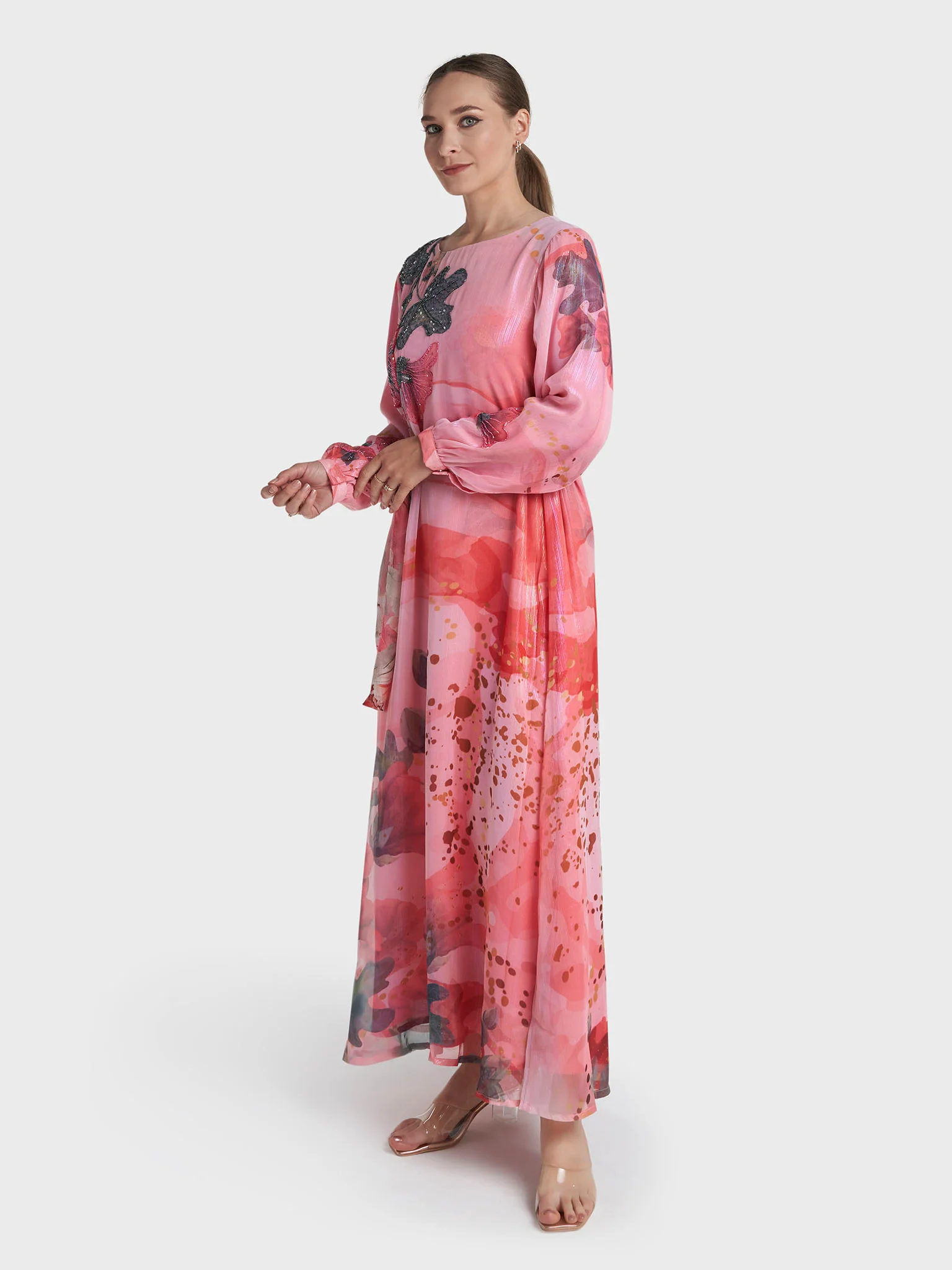 Coral Colour Hand Work Floral Printed Dress (VDV52) - Image 3
