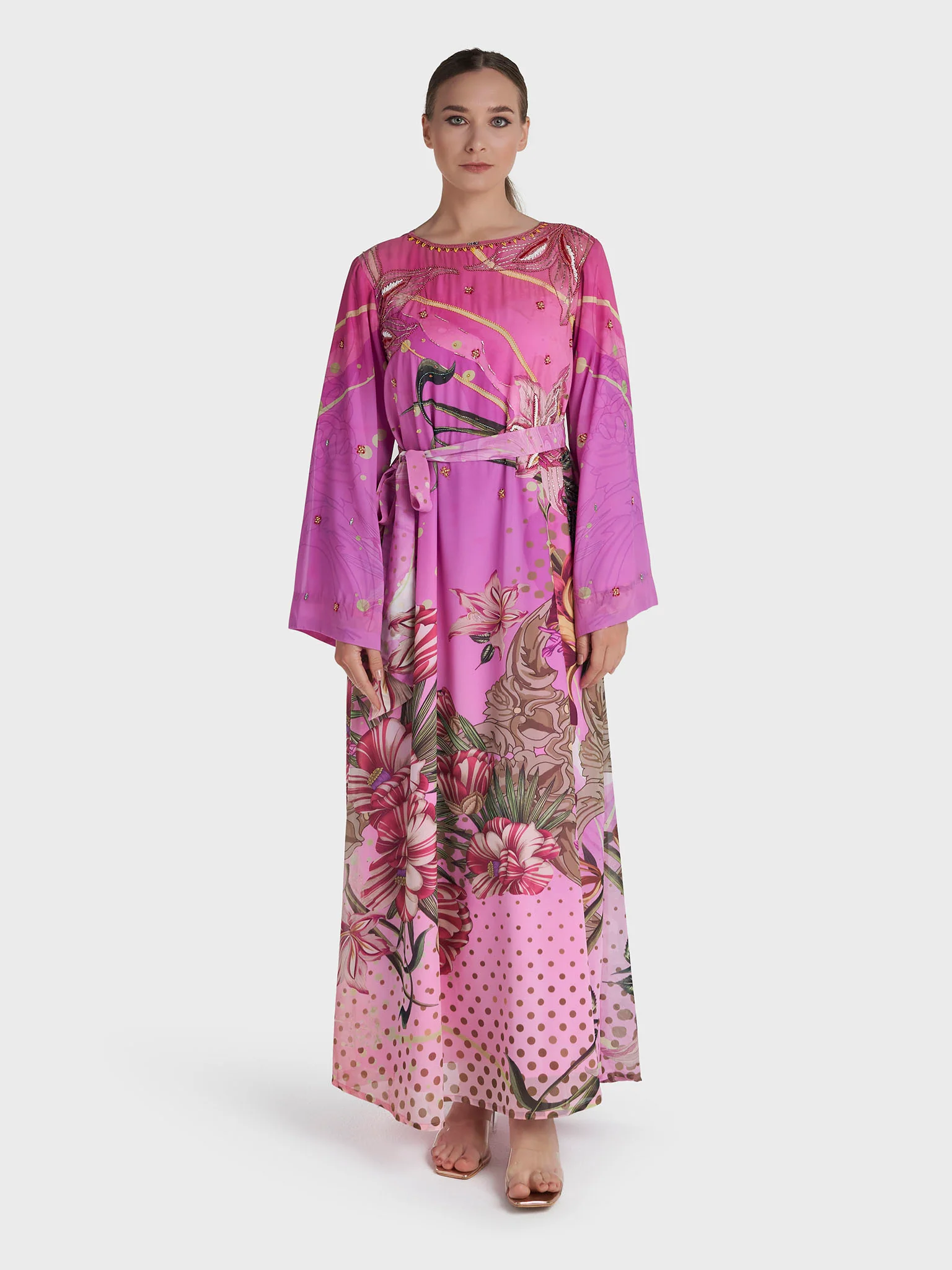Magenta Colour Hand Work Georgette Floral Printed Dress (VDV53) - Image 2