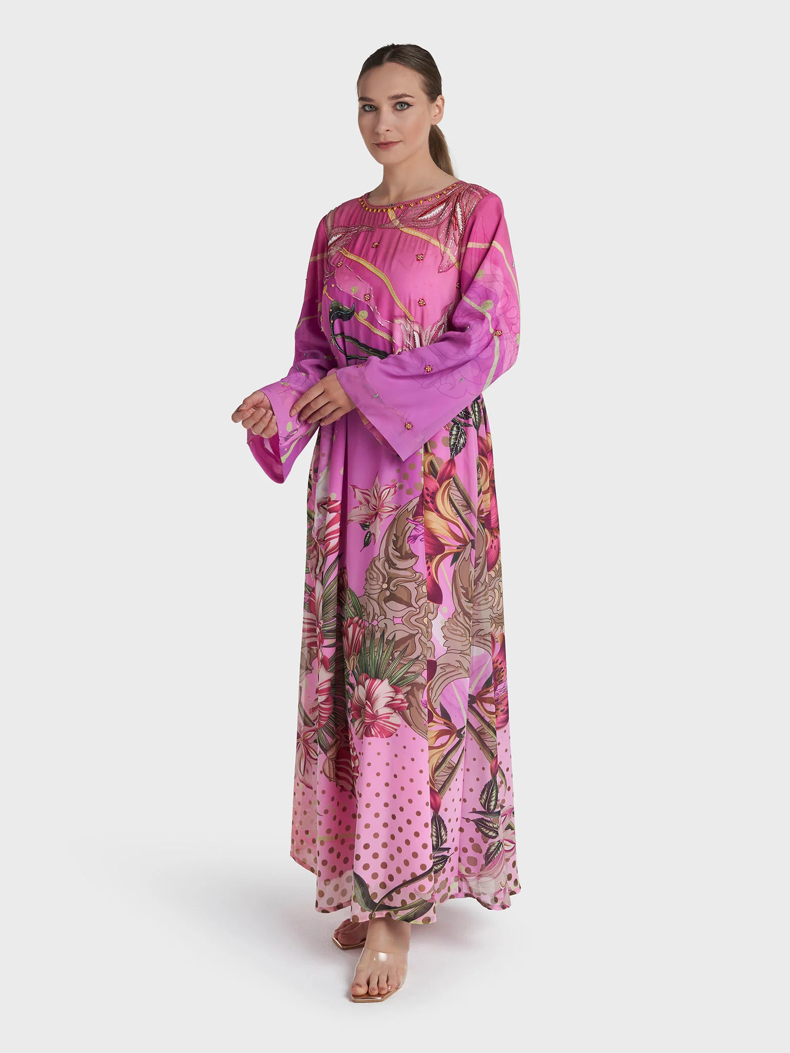 Magenta Colour Hand Work Georgette Floral Printed Dress (VDV53) - Image 3