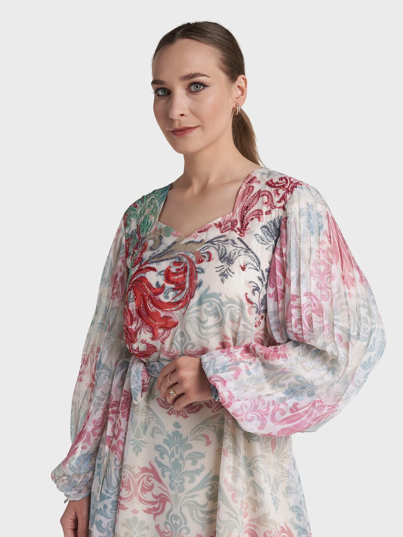 Cream Colour Hand Work Floral Printed Dress (VDV55)