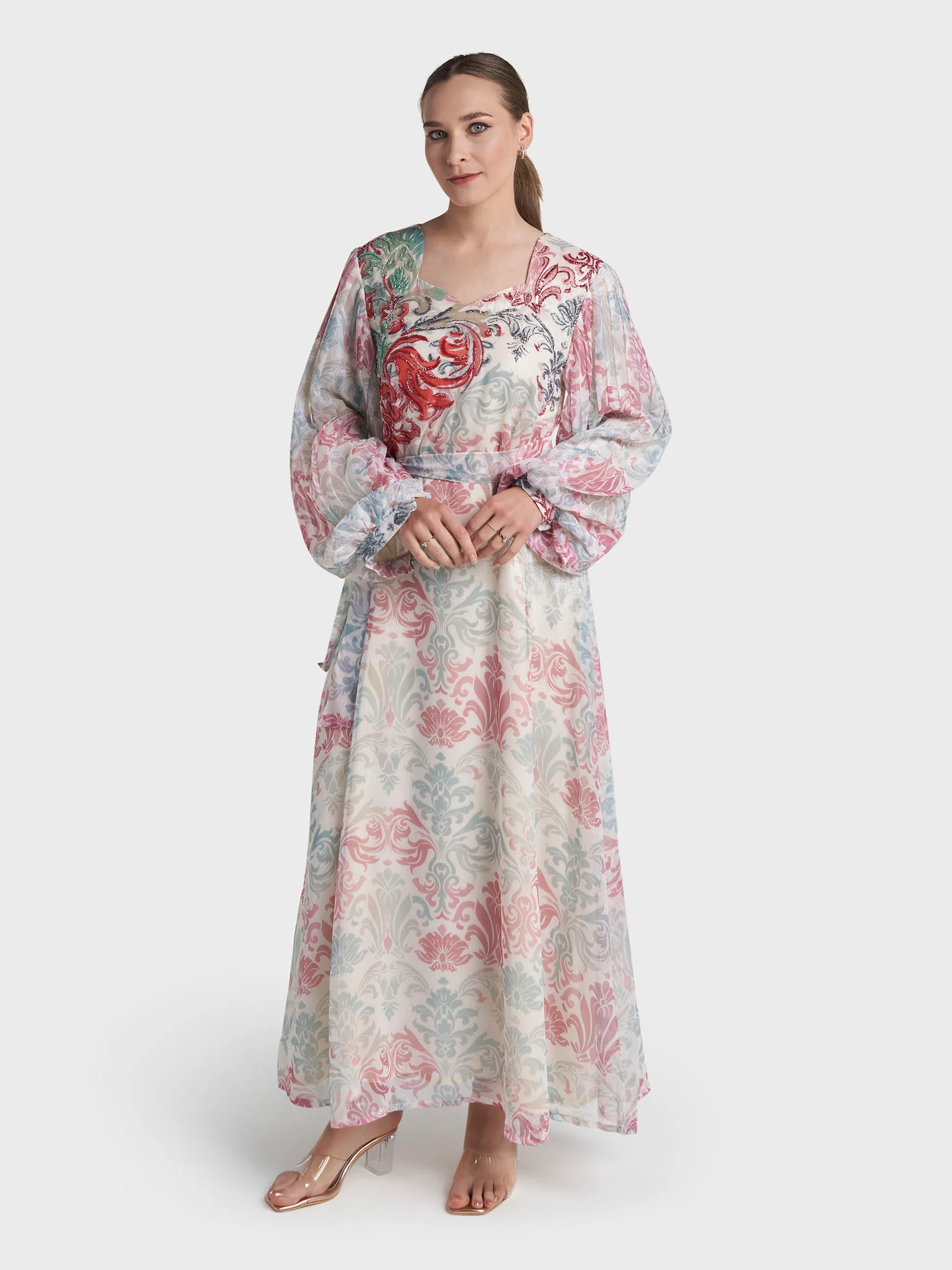 Cream Colour Hand Work Floral Printed Dress (VDV55) - Image 3