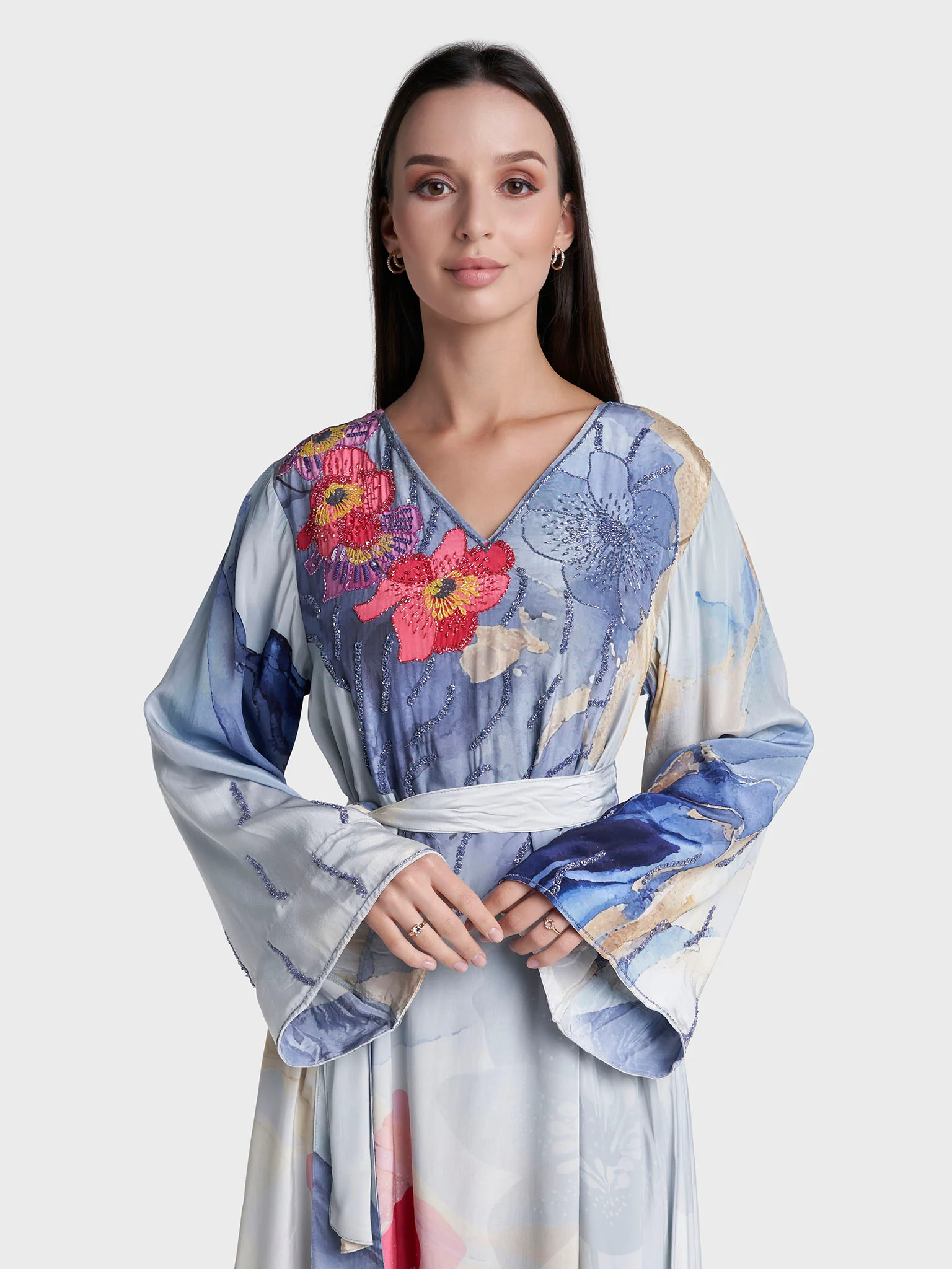 Dust Blue Colour Floral Print Viscose Crepe Hand Work Dress (VDV56)