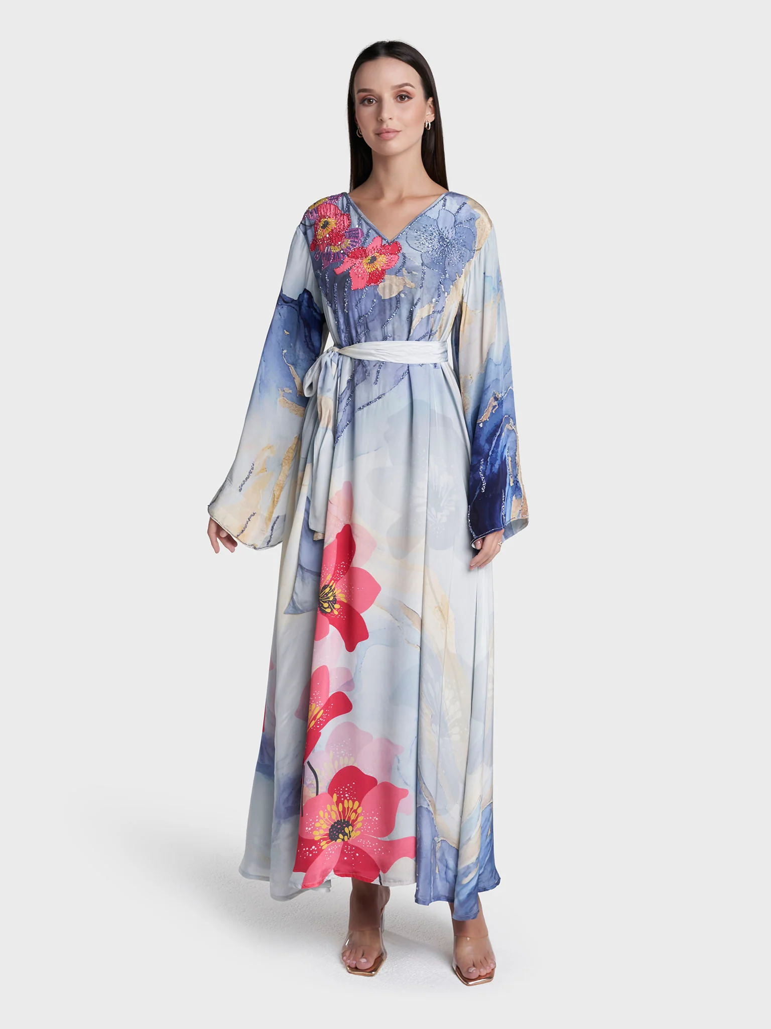 Dust Blue Colour Floral Print Viscose Crepe Hand Work Dress (VDV56) - Image 2