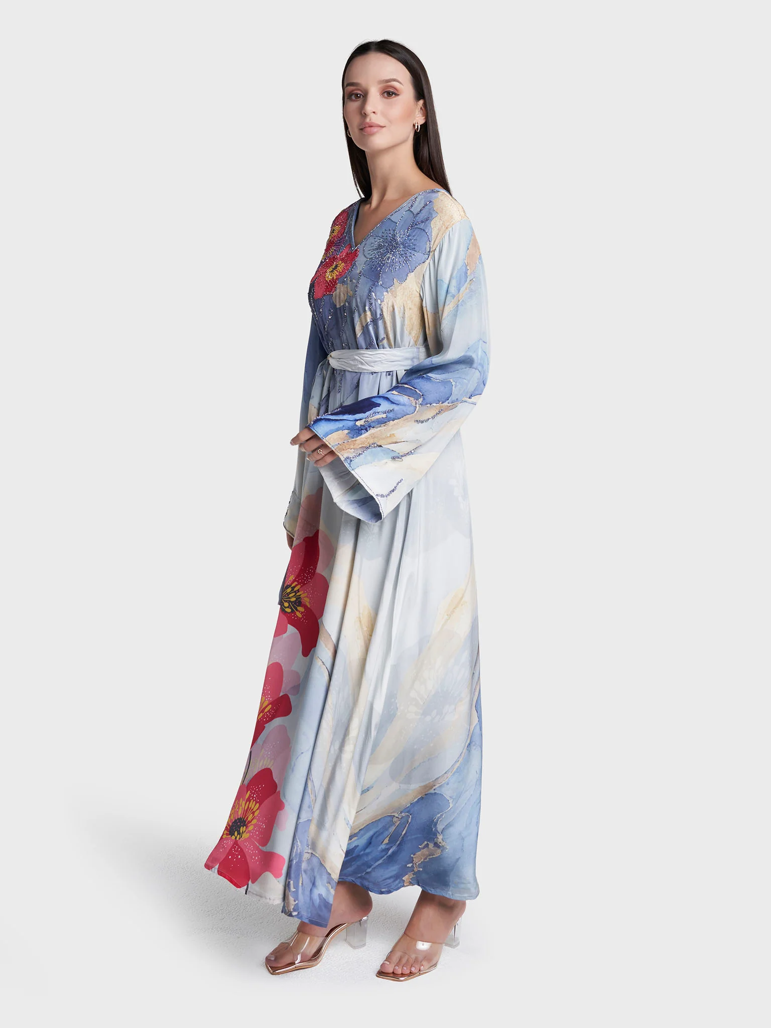 Dust Blue Colour Floral Print Viscose Crepe Hand Work Dress (VDV56) - Image 3