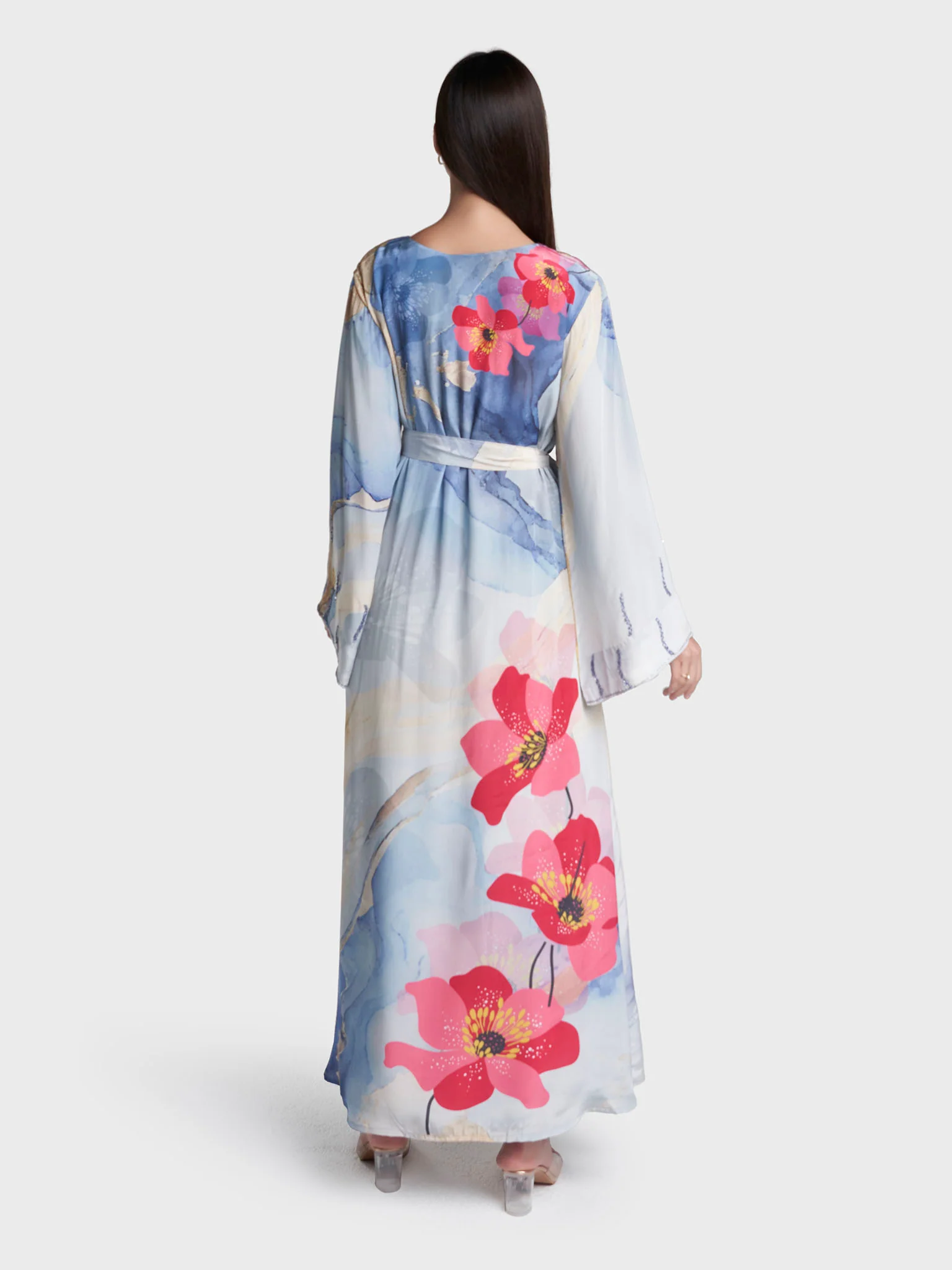 Dust Blue Colour Floral Print Viscose Crepe Hand Work Dress (VDV56) - Image 4