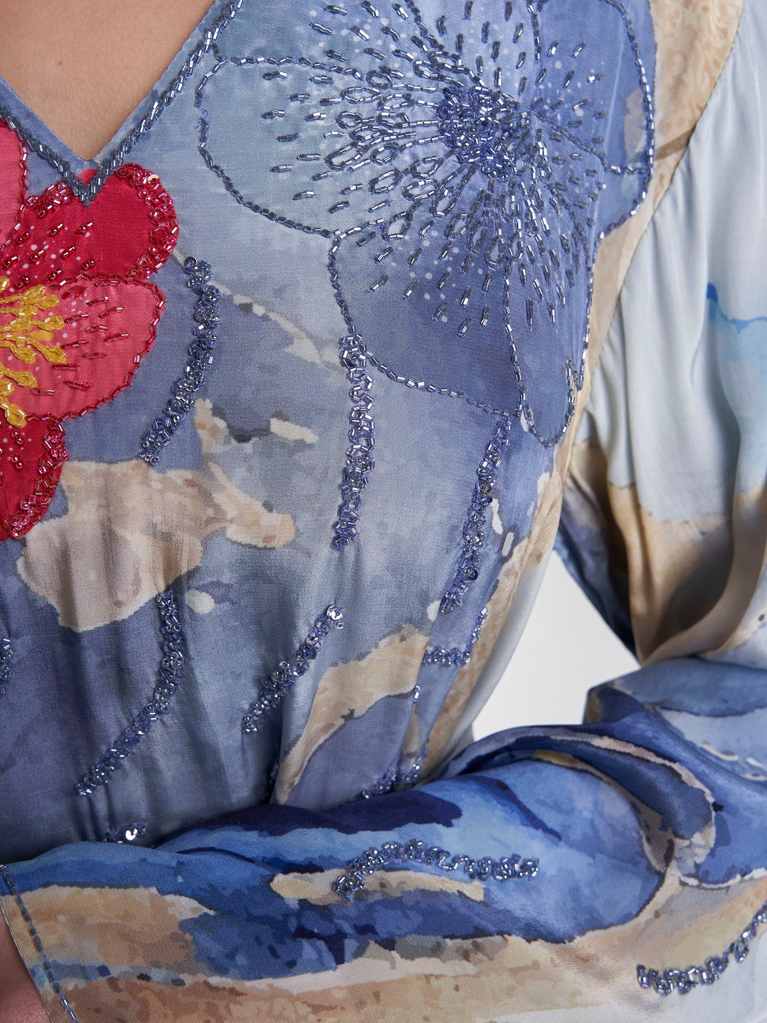 Dust Blue Colour Floral Print Viscose Crepe Hand Work Dress (VDV56) - Image 5