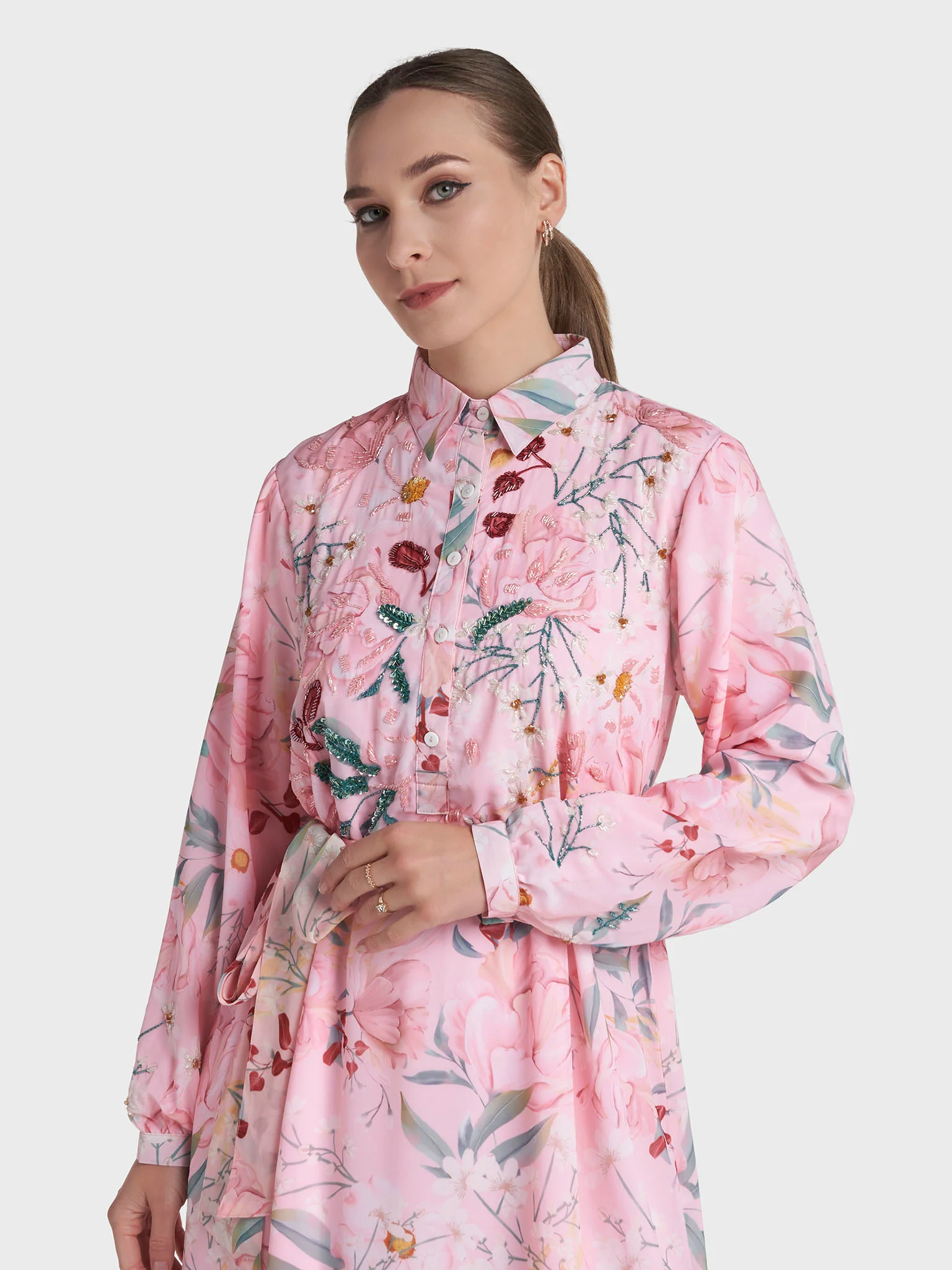 Pink Colour Hand Work Georgette Floral Printed Dress (VDV60)