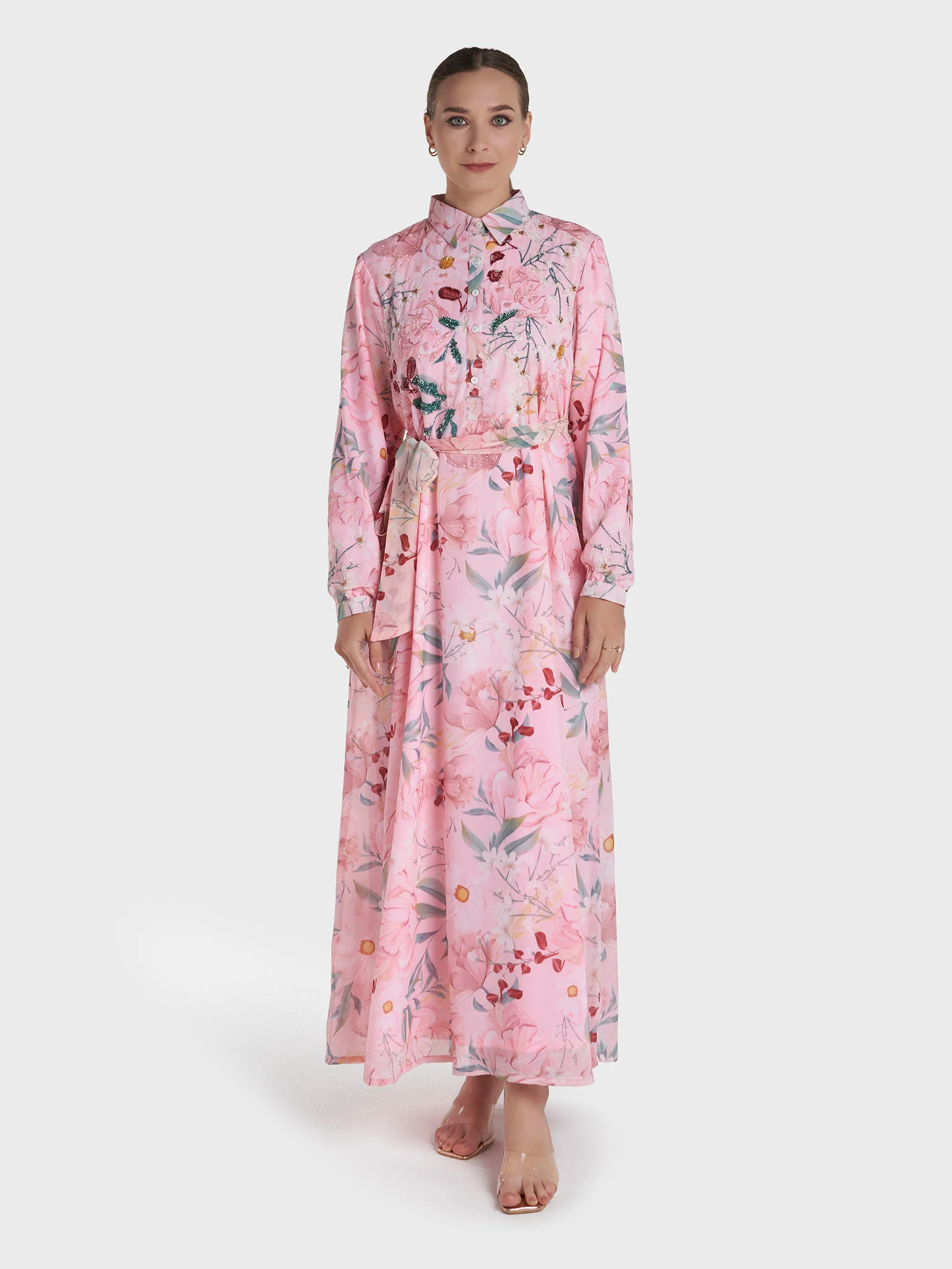 Pink Colour Hand Work Georgette Floral Printed Dress (VDV60) - Image 2