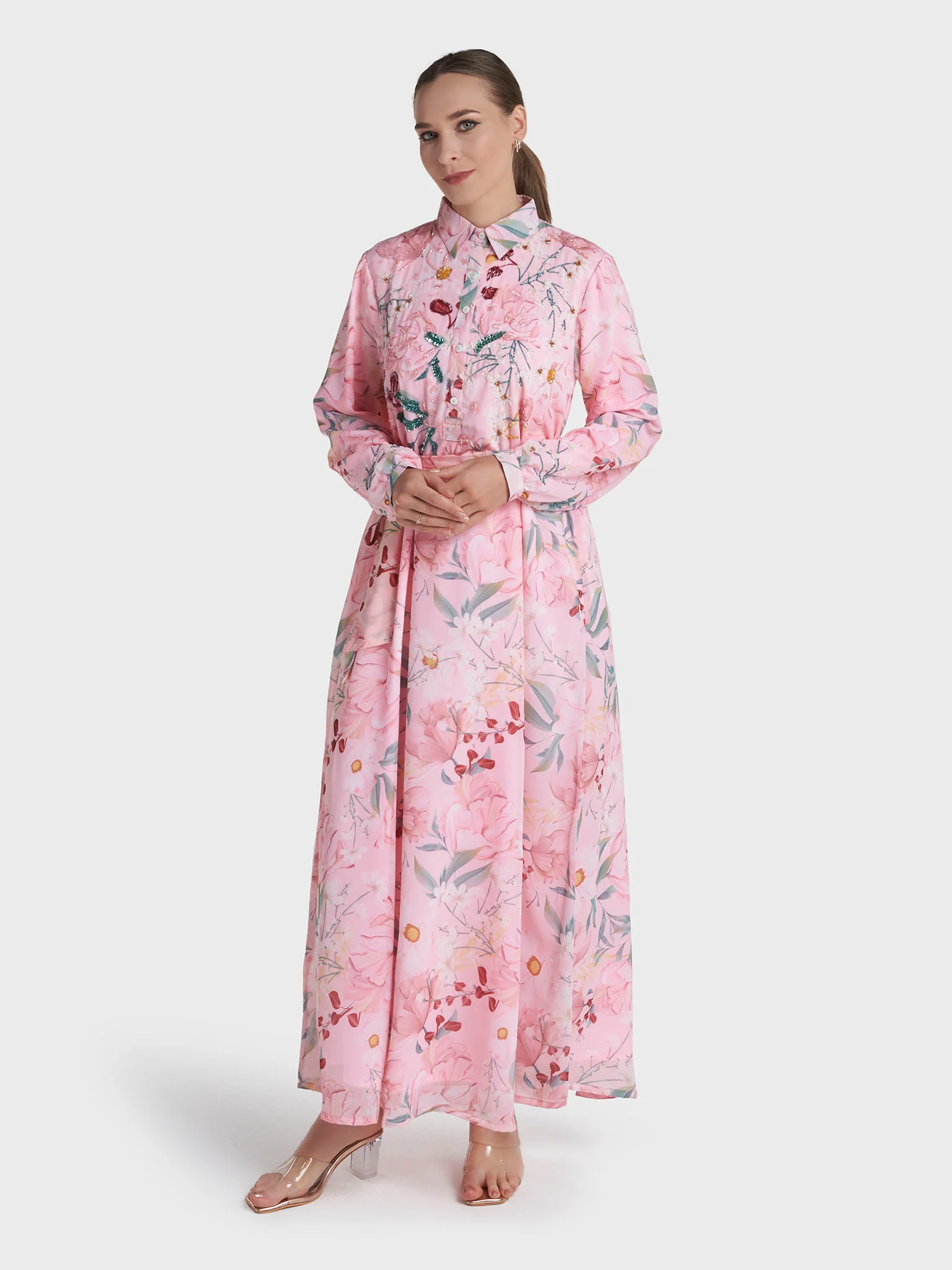 Pink Colour Hand Work Georgette Floral Printed Dress (VDV60) - Image 3