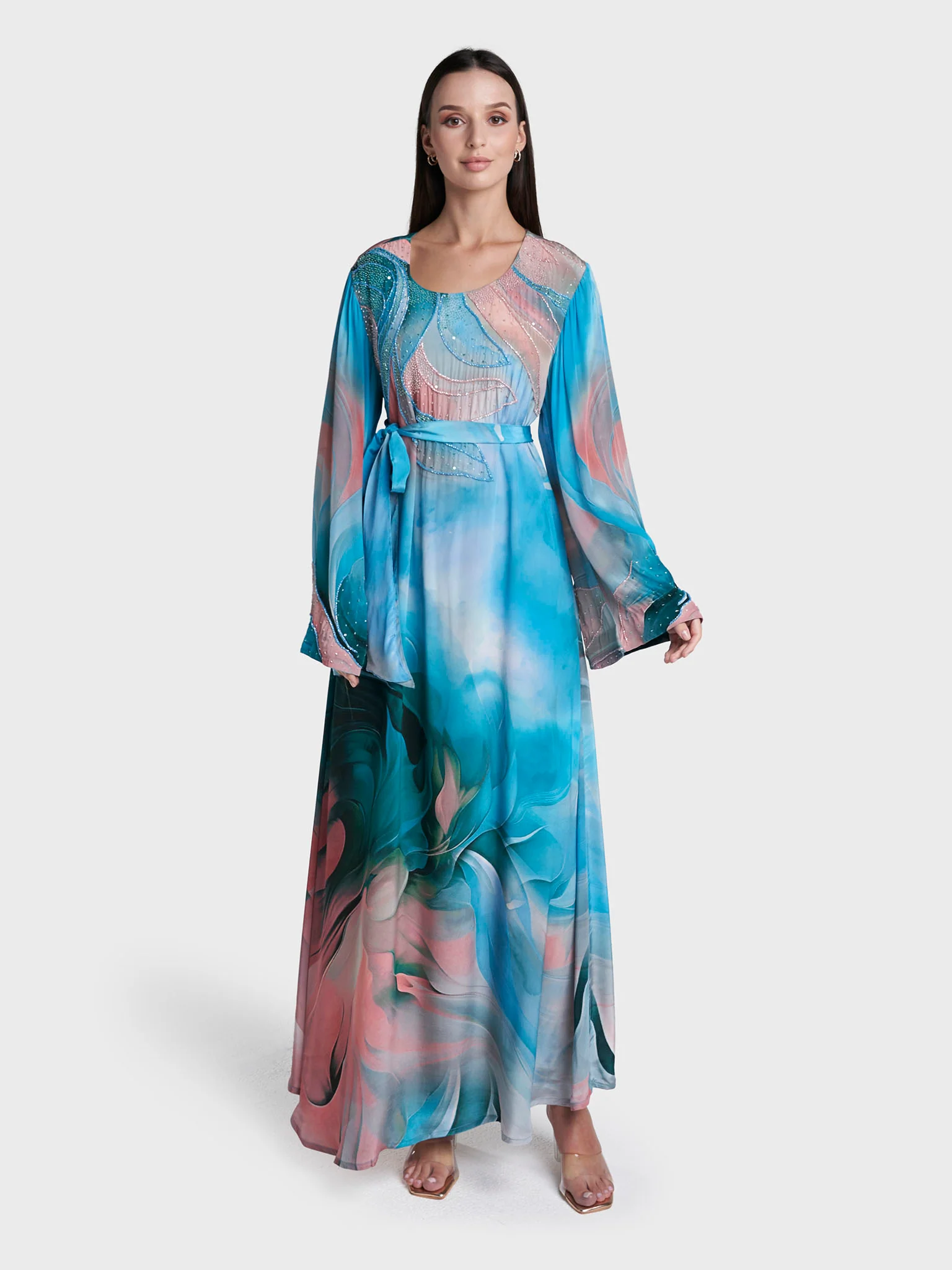 Teal Colour Abstract Print Viscose Crepe Hand Work Dress (VW426) - Image 2