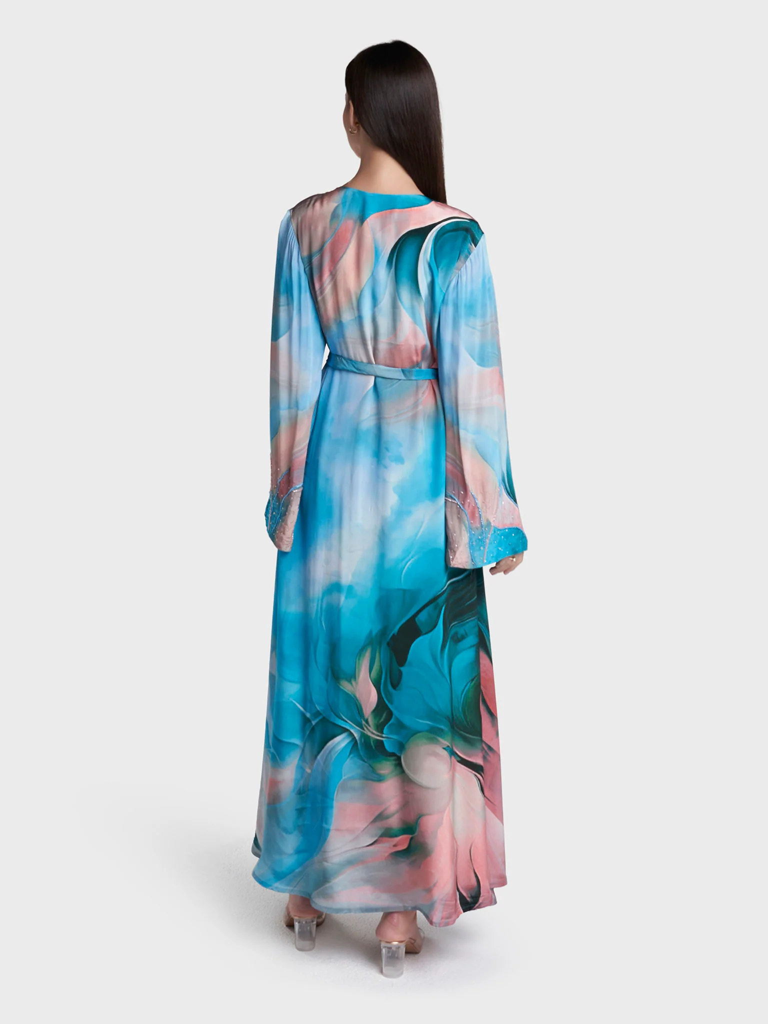 Teal Colour Abstract Print Viscose Crepe Hand Work Dress (VW426) - Image 3