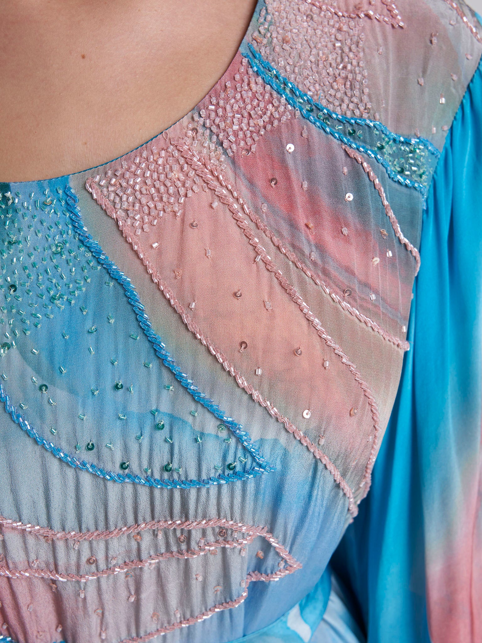 Teal Colour Abstract Print Viscose Crepe Hand Work Dress (VW426) - Image 4