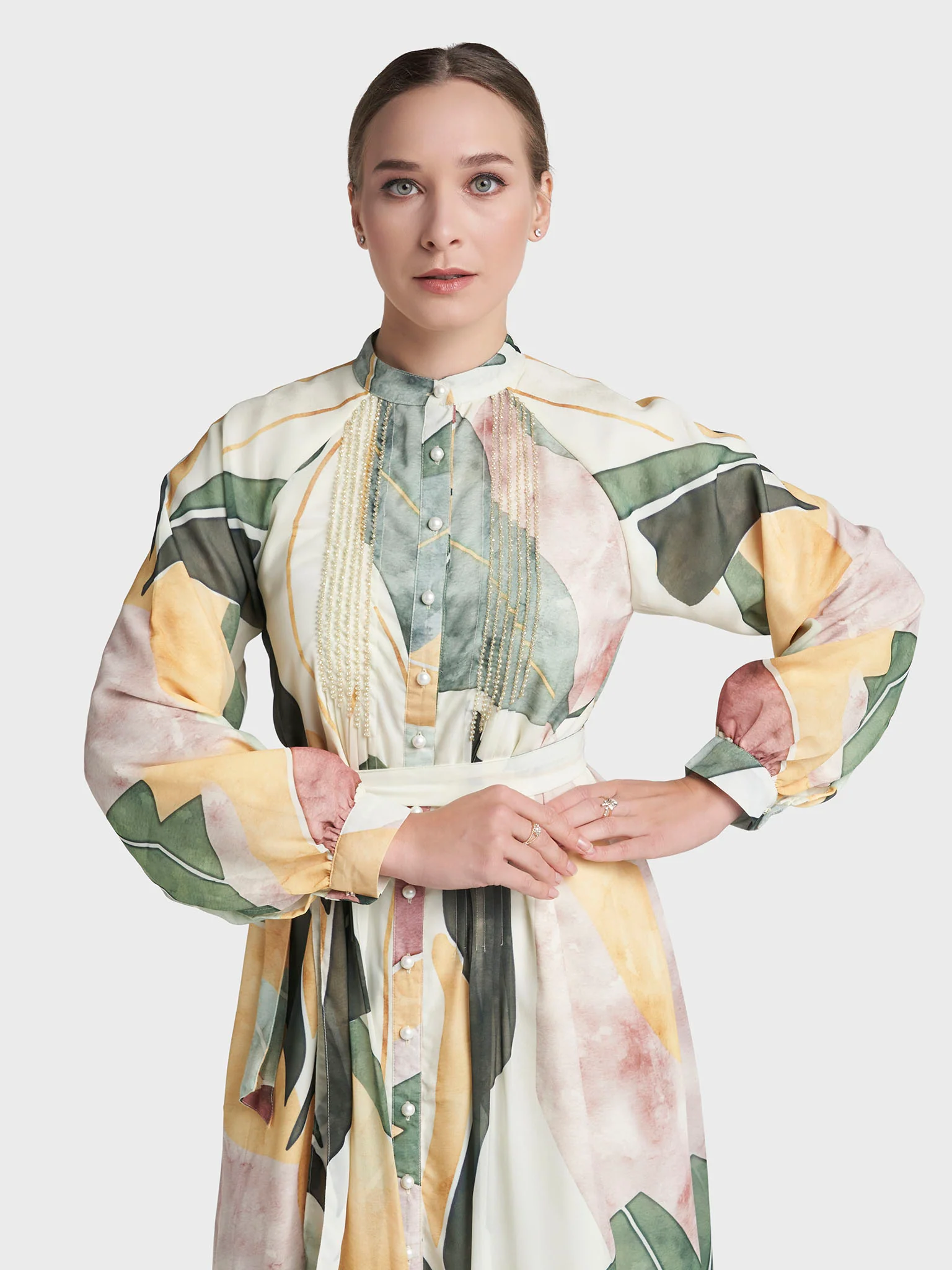 Cream Colour Hand Work Georgette Abstract Printed Dress (VW492)