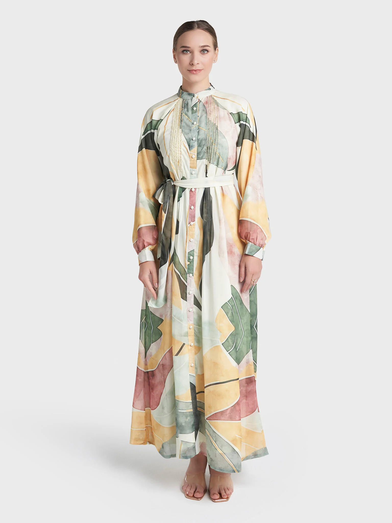 Cream Colour Hand Work Georgette Abstract Printed Dress (VW492) - Image 2
