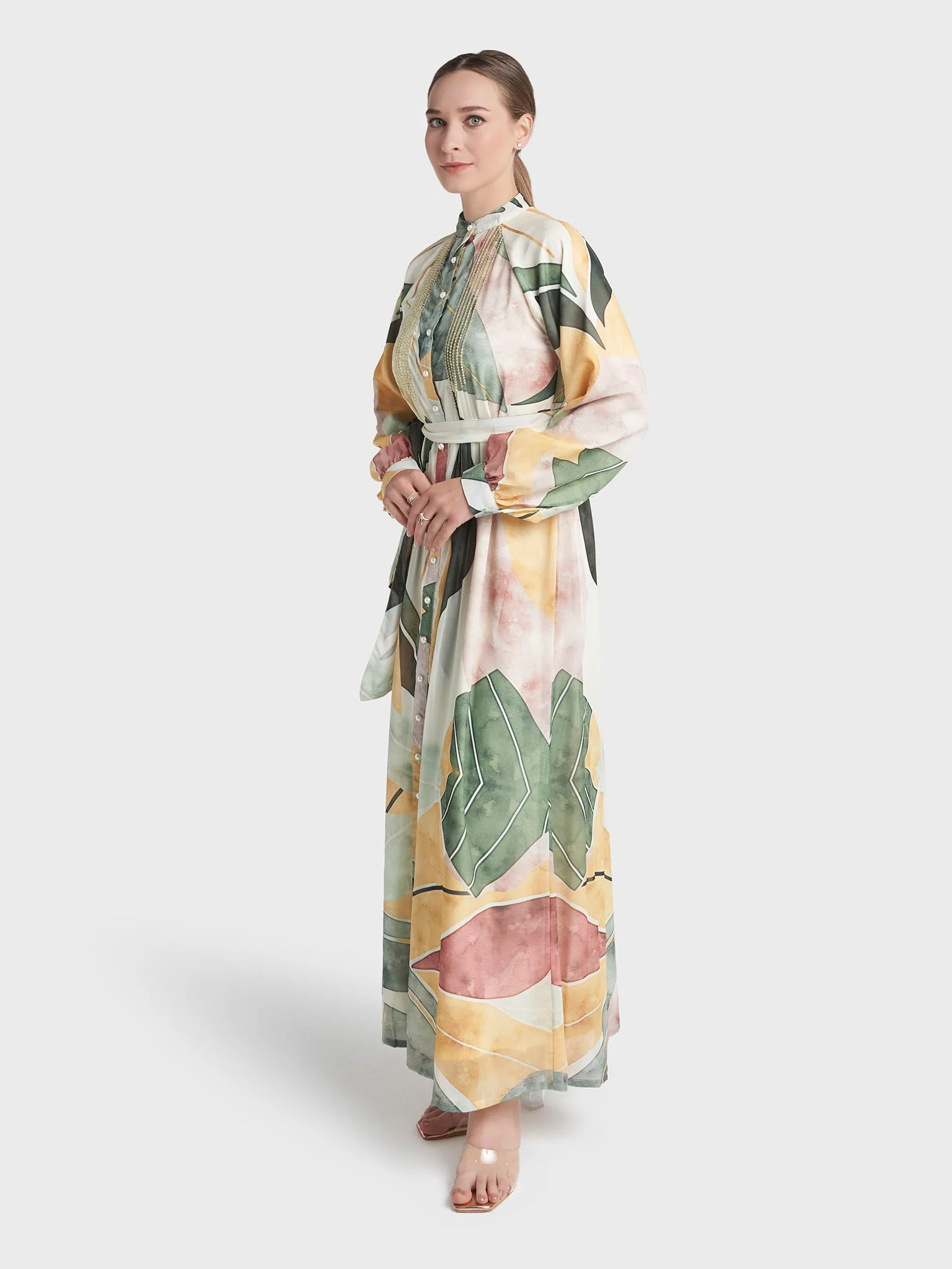 Cream Colour Hand Work Georgette Abstract Printed Dress (VW492) - Image 3