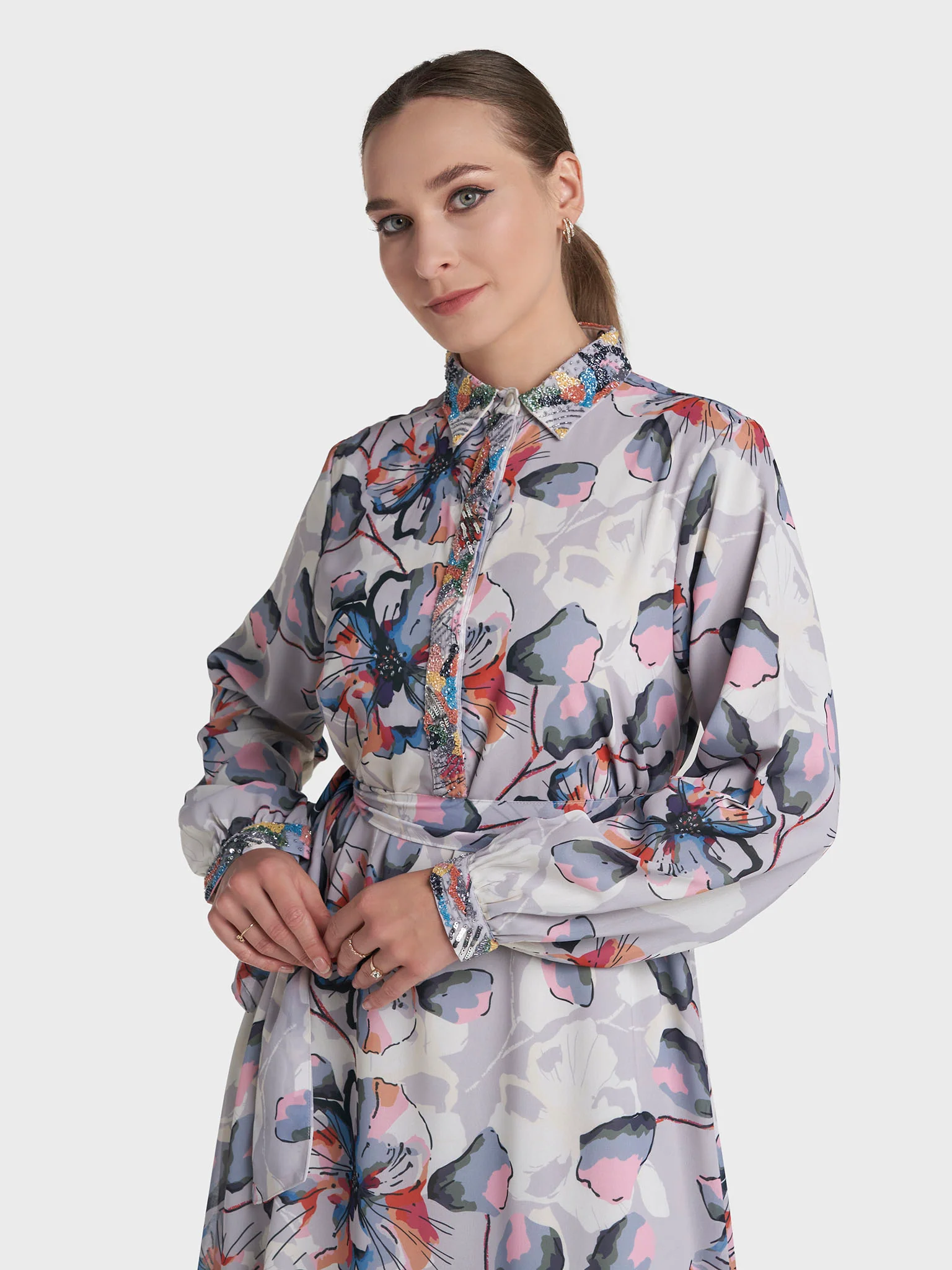 Multi Colour Hand Work Georgette Floral Printed Dress (VW536)