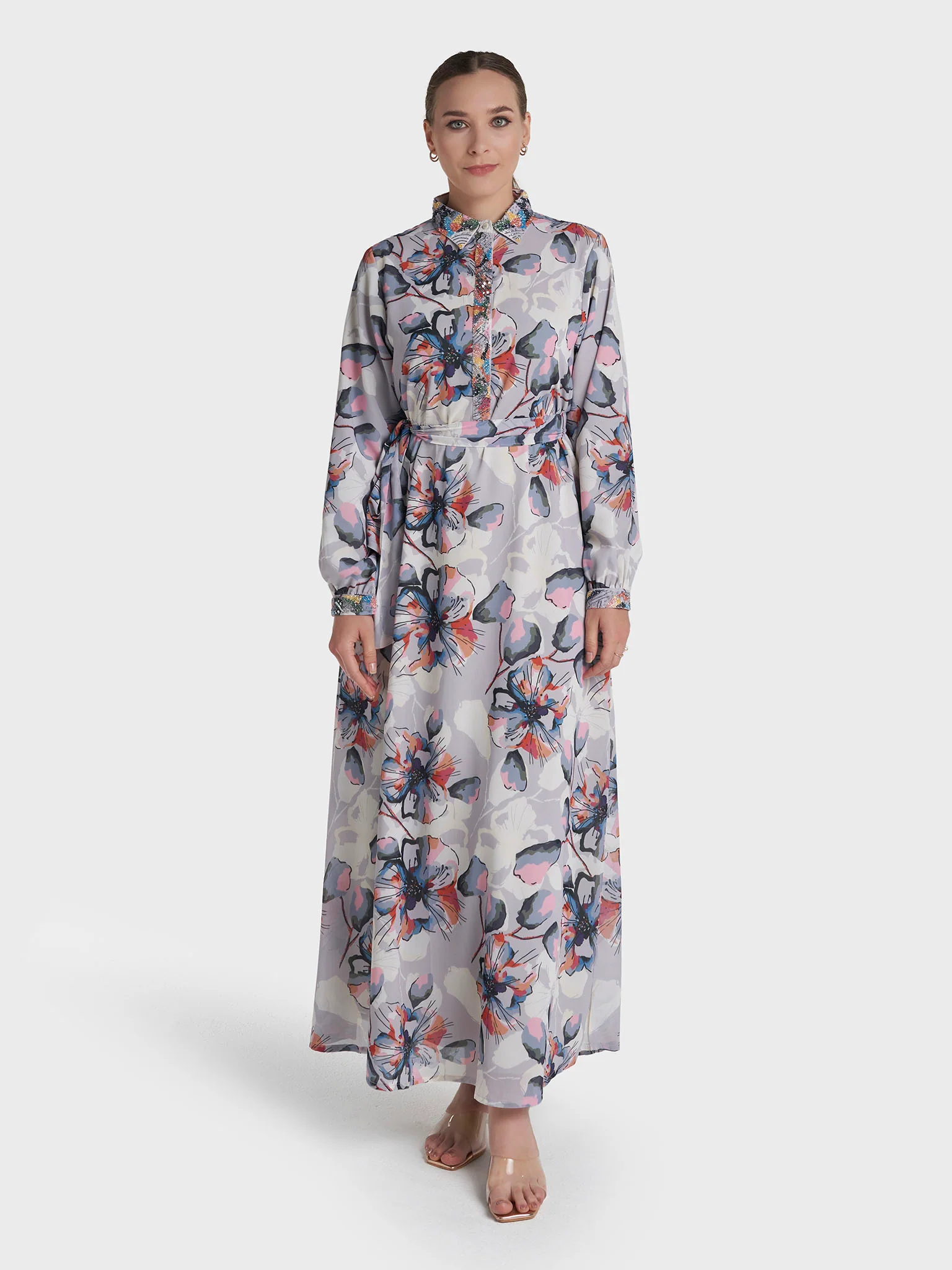 Multi Colour Hand Work Georgette Floral Printed Dress (VW536) - Image 2